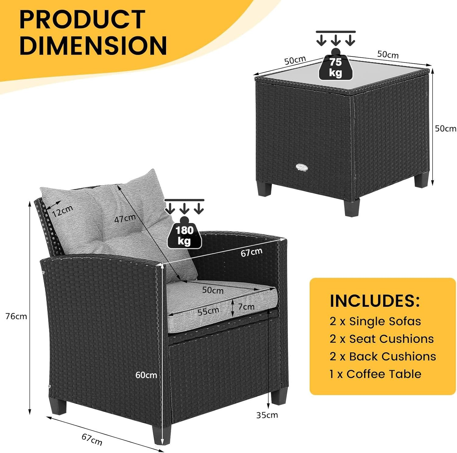 Costway 3 Pieces Patio Lounge Set, PE Rattan Wicker Outdoor Sofa Set W/Washable Cushion and Tempered Glass Tabletop, Conversation Furniture for Garden Poolside Balcony (Gray) - Gray image number 6