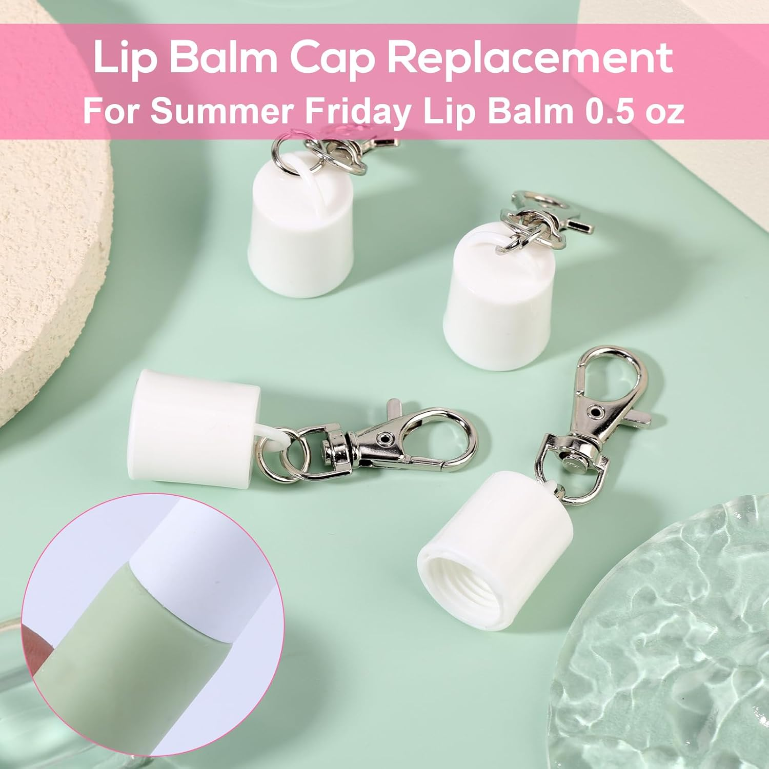 4Pcs Lip Balm Keychain Caps for Summer Fridays 0.5 Oz, Creative Lipgloss Holder Keychains Practical Portable Lip Gloss Replacement Caps (White) image number 2