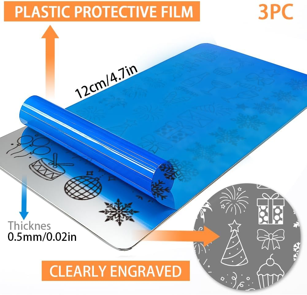 PH Pandahall Pack of 3 Cheer Nail Stamping Plate Bow Cake Gift Fireworks Snowflake Nail Art Templates Beautiful Stencils Stainless Steel Picture Plates for Birthday Christmas Holiday Winter image number 5