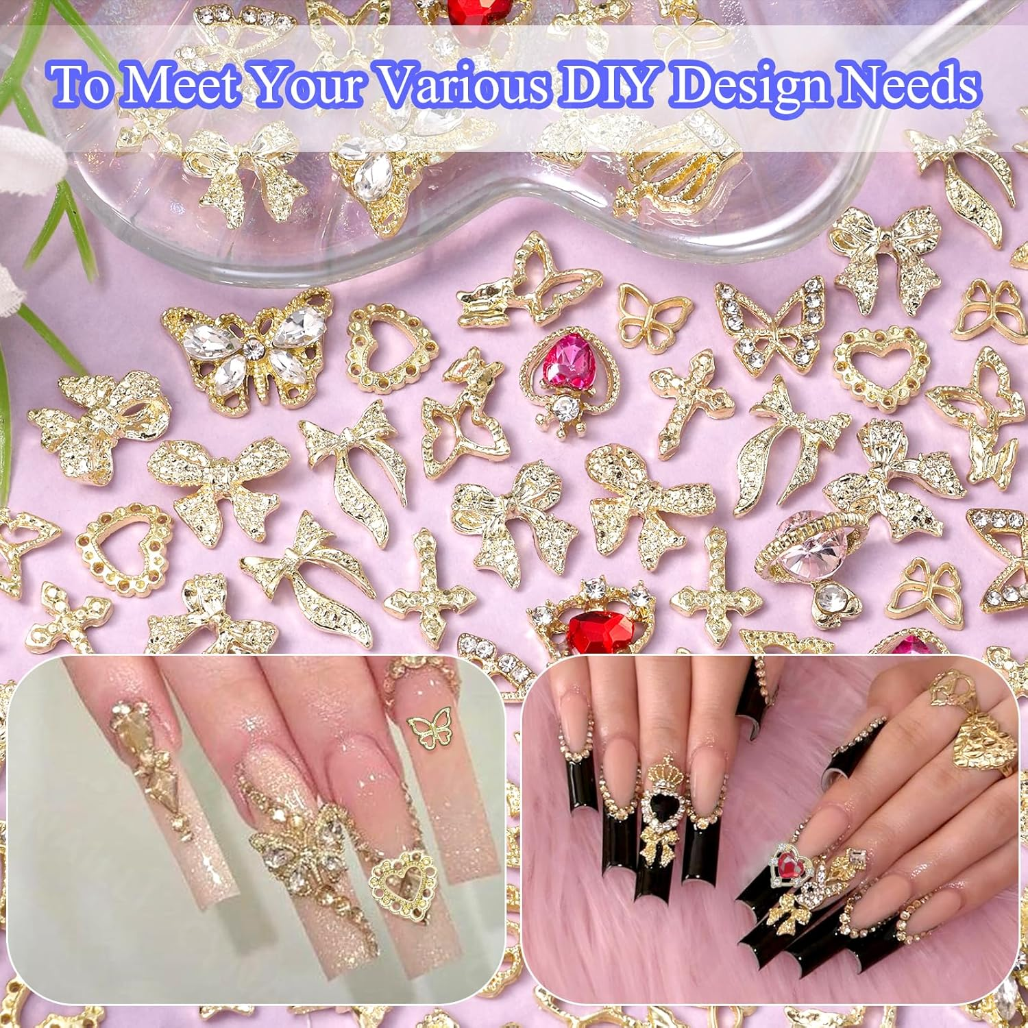 110 Pcs Gold Nail Charms and Gems Y2K, 3D Butterfly Heart Nail Gems, Planet Crown Nail Art Jewels, Cross Bows Charms for Alloy Nails Art Design DIY Accessories - Color-S5 image number 6