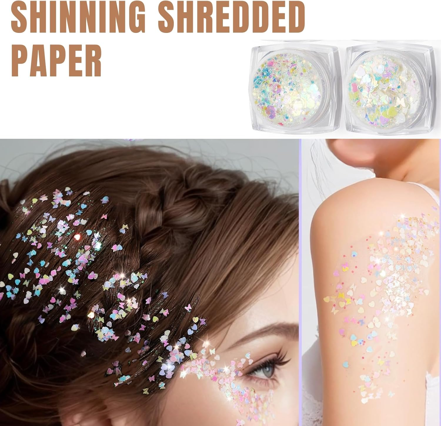 Face & Body Glitter Gel Set &ndash; 6 Shapes Iridescent White Glitter for Festival Makeup, JOMWEN Rave, Halloween, Parties & Mermaid Looks &ndash; Easy Apply Hair & Skin Glitter (White, 6 PCS) image number 5
