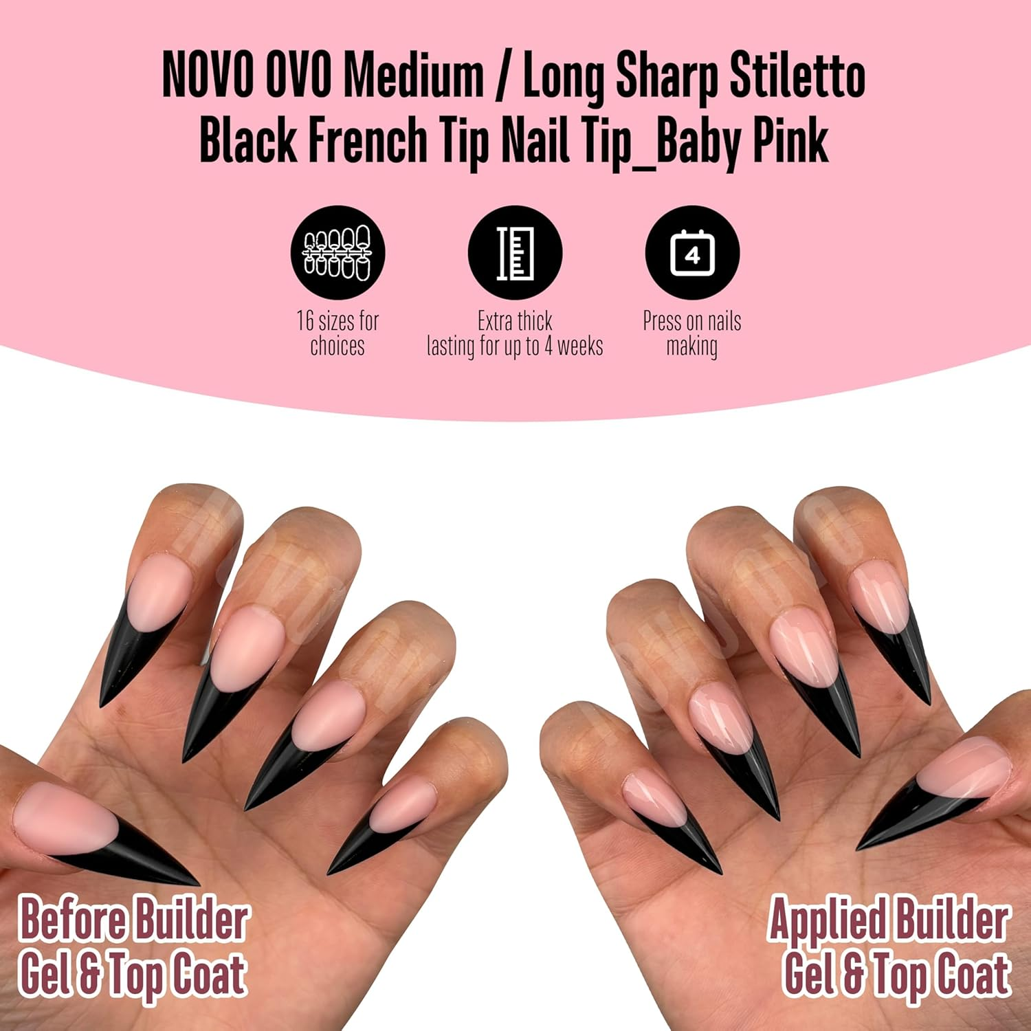 NOVO OVO Black French Tips Sharp Stiletto Pointed Medium Long Nail Tips Press on Baby Pink, Extra Thick Soft Gel Acrylic Extension, Full Cover False Nails for Salon DIY 16 Sizes, Pack of 160 image number 2