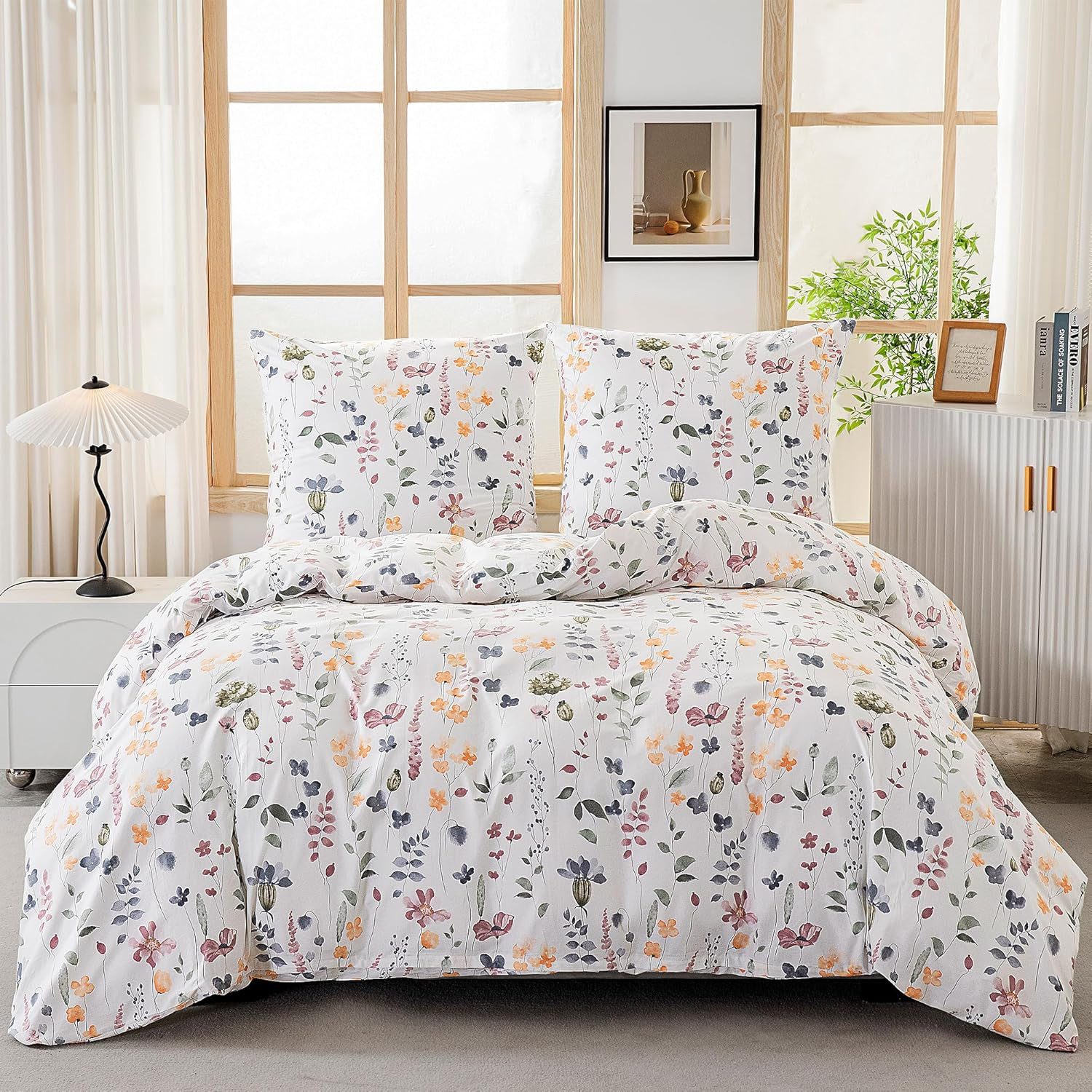 Atsense Bed Linen 155 X 220 Cm Cotton, 2-Piece Bed Linen Sets, Colourful Plants Flowers Pattern, Oeko-Tex Soft Duvet Cover Set with Zip and 1 Pillowcase 80 X 80 Cm image number 5