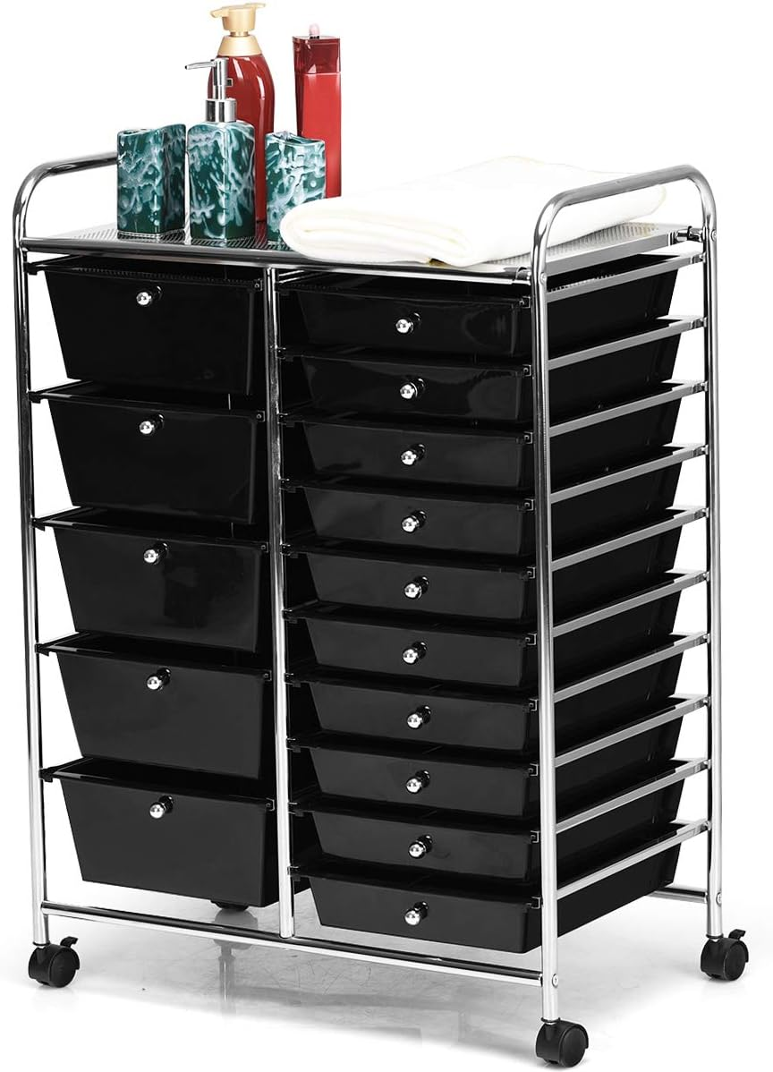 Costway 15-Drawer Rolling Storage Cart, Mobile & Lightweight File Cabinet Trolley Rack, Black, Metal & Plastic, Ideal for Home, Office, School, Kitchen, Beauty Salon image number 6