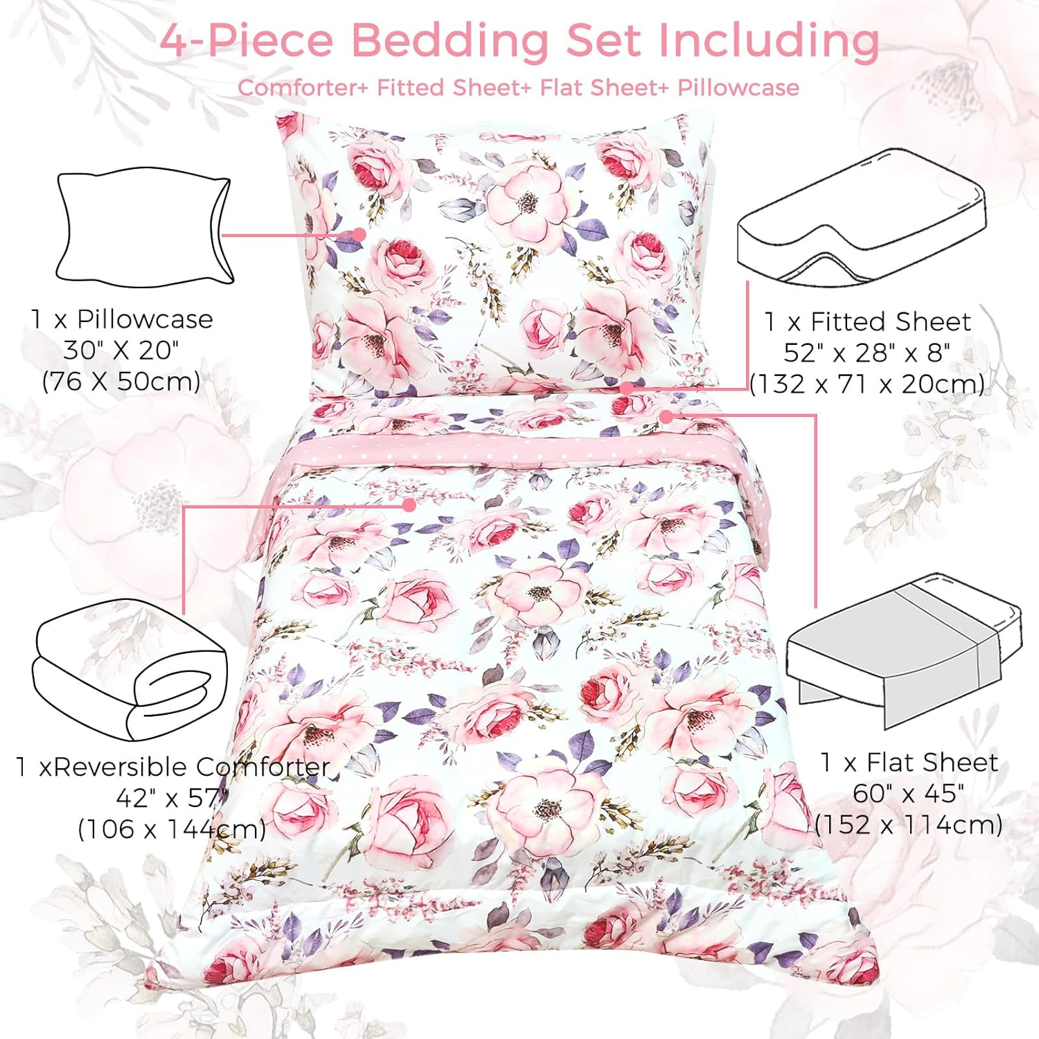 Toddler Bedding Sets for Girls, 4 Piece Soft Crib Bedding Set, Flower Toddler Girl Bed Comforter Set, Includes Pink Floral Series Comforter, Fitted Sheet, Flat Sheet and Pillowcase image number 2