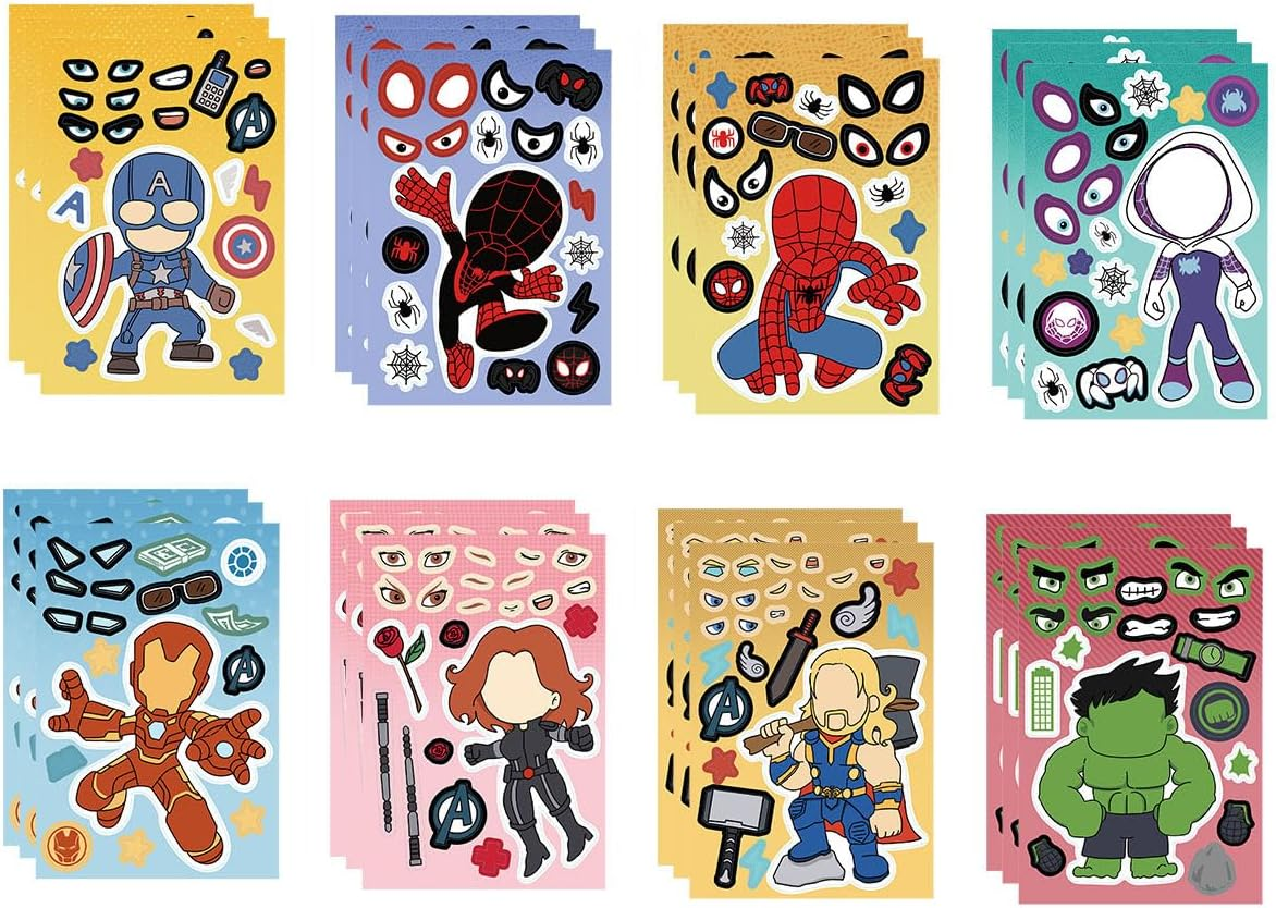 24 Pcs Sheets Cartoon Character Face Stickers for Kids Toddlers with 8 Styles,Make Your Own Face Stickers for Boys Girls,Diy Face Stickers Pack for Classroom Party (11*16Cm Cartoon Superhero) image number 2
