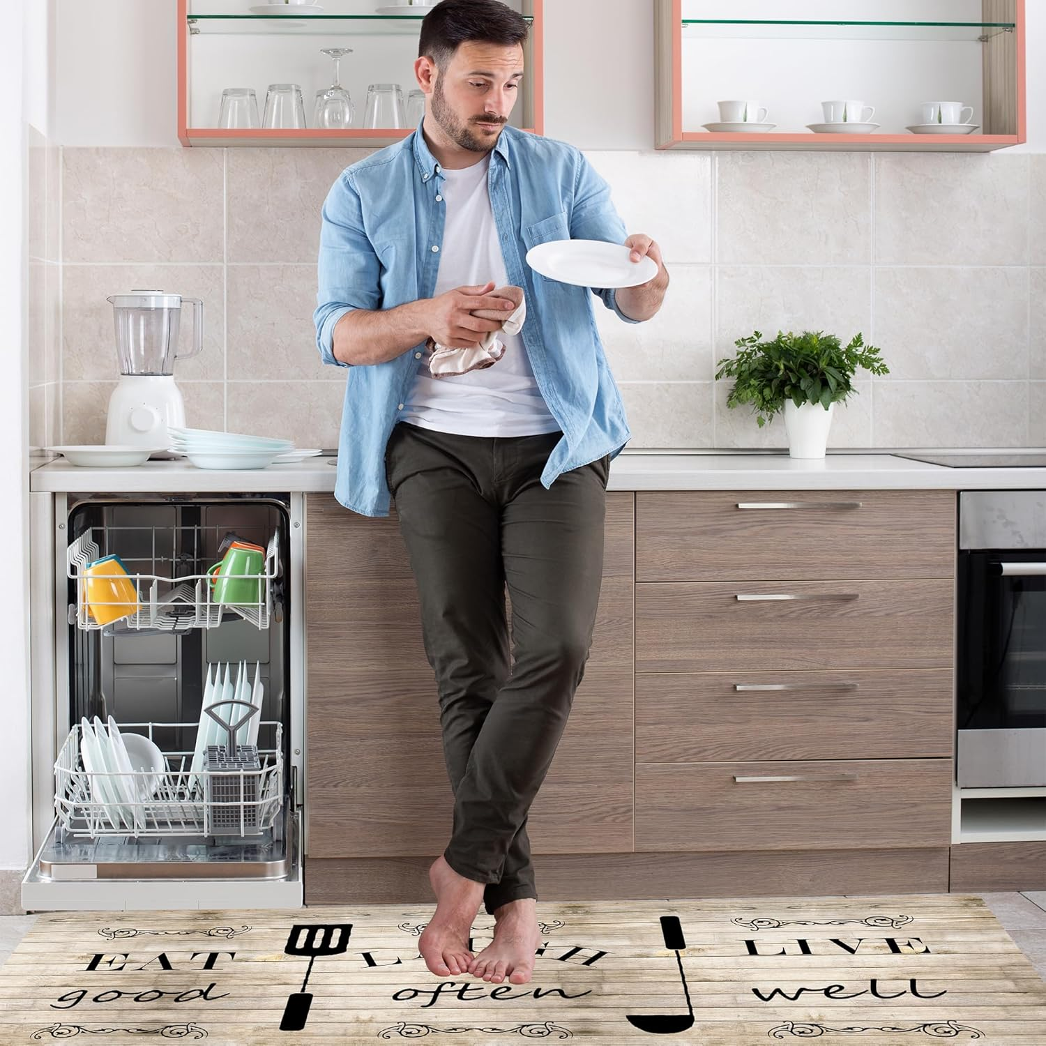 Black Washable Kitchen Rugs and Mats, Kitchen Floor Mat Non-Slip, 2 Piece Kitchen Rugs Set, 50Cm X 80Cm + 50Cm X 120Cm (Khaki, 50Cm X 80Cm + 50Cm X 120Cm)