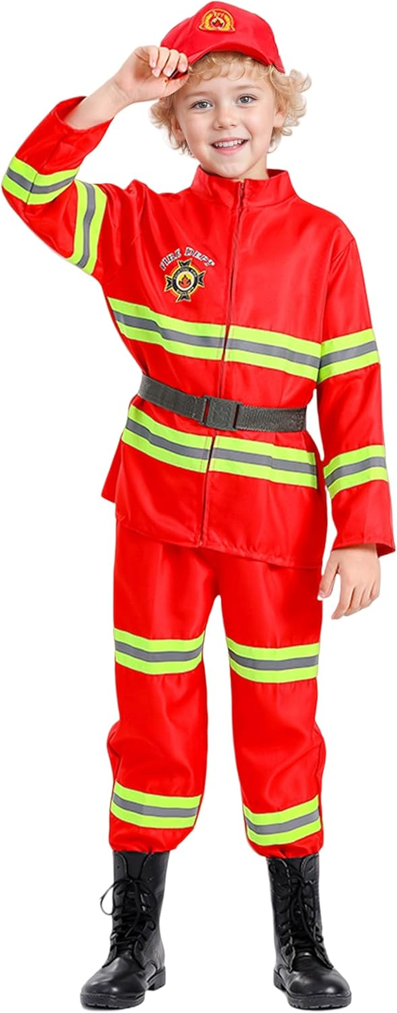 Kids Firefighter Costume Toddler Fireman Dress up Boy Fire Pretend Chief Outfit Halloween Role Play Career Suit Party Birthday Gift image number 2
