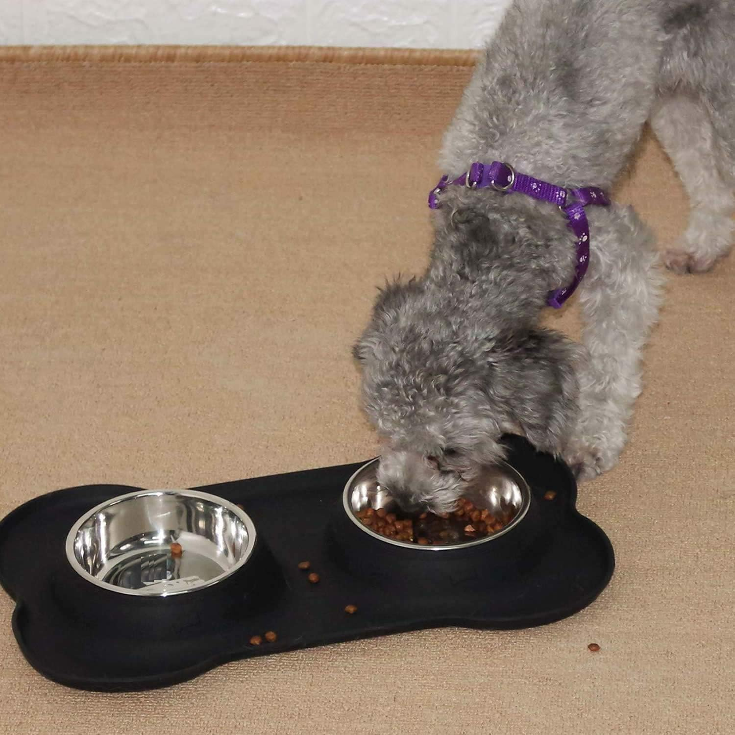 Dog Bowls Double Stainless Steel Pet Bowls for Food and Water with a No-Spill Silicone Mat Foldable and Compact Double Pet Bowls Feeder Bowl for Dogs Cats and Pets (Small)