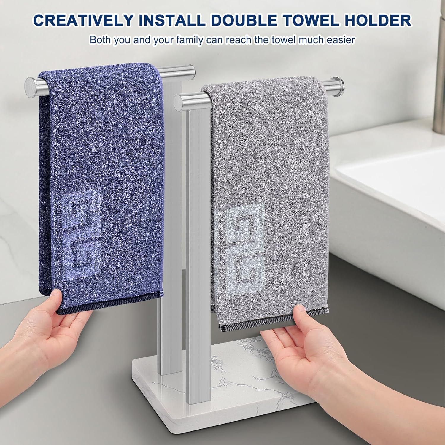 Nearmoon Hand Towel Holder with Balanced Marble Base, SUS304 Stainless Steel Stand Towel Ring L Shape Hand Towel Rack Free-Standing Towel Bar for Bathroom Kitchen Countertop(Double Rod Brushed Nickel) image number 1