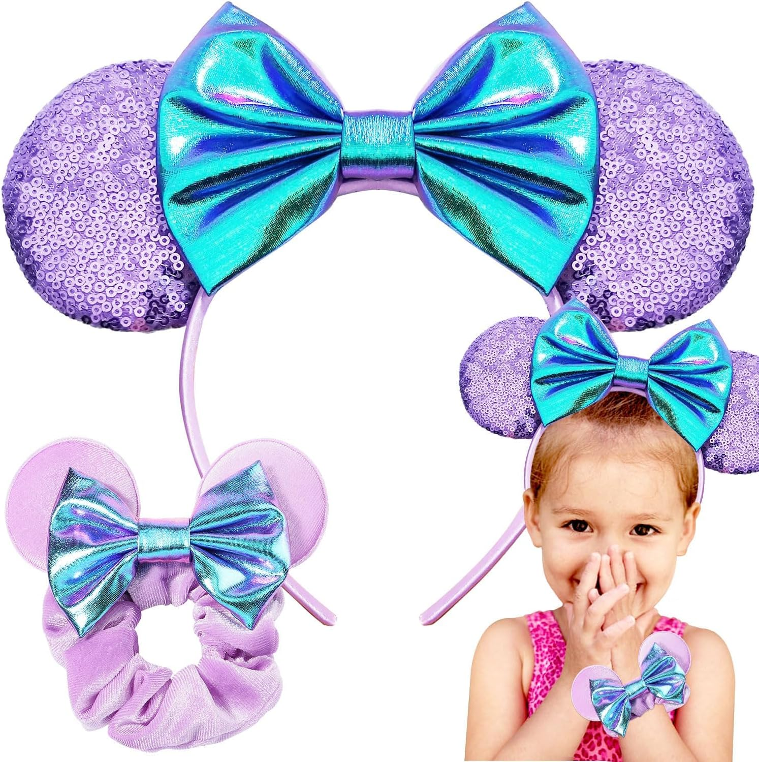 1 Pcs Shiny Mouse Ears Headband with Sequin Bows and 1 Pcs Sequin Mouse Ears Velvet Scrunchies with Bow Hairs Accessories Elastic Rubber Hair Band Cute Hair Ties Rope Ponytail Holder Sparkle Bow Girl Headwrap for Toddler Baby Boys Girls Women Adult Kids Birthday Party Celebrations Gift Amusement Park (Red)