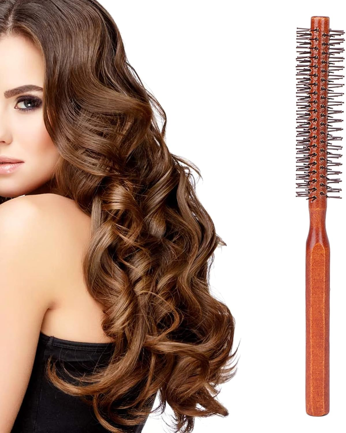 QANYEGN Wood Handle Curling Brush, Freestyle Small round Roller for Barbershop and Home Use, Unisex Beauty Hair Styling image number 4