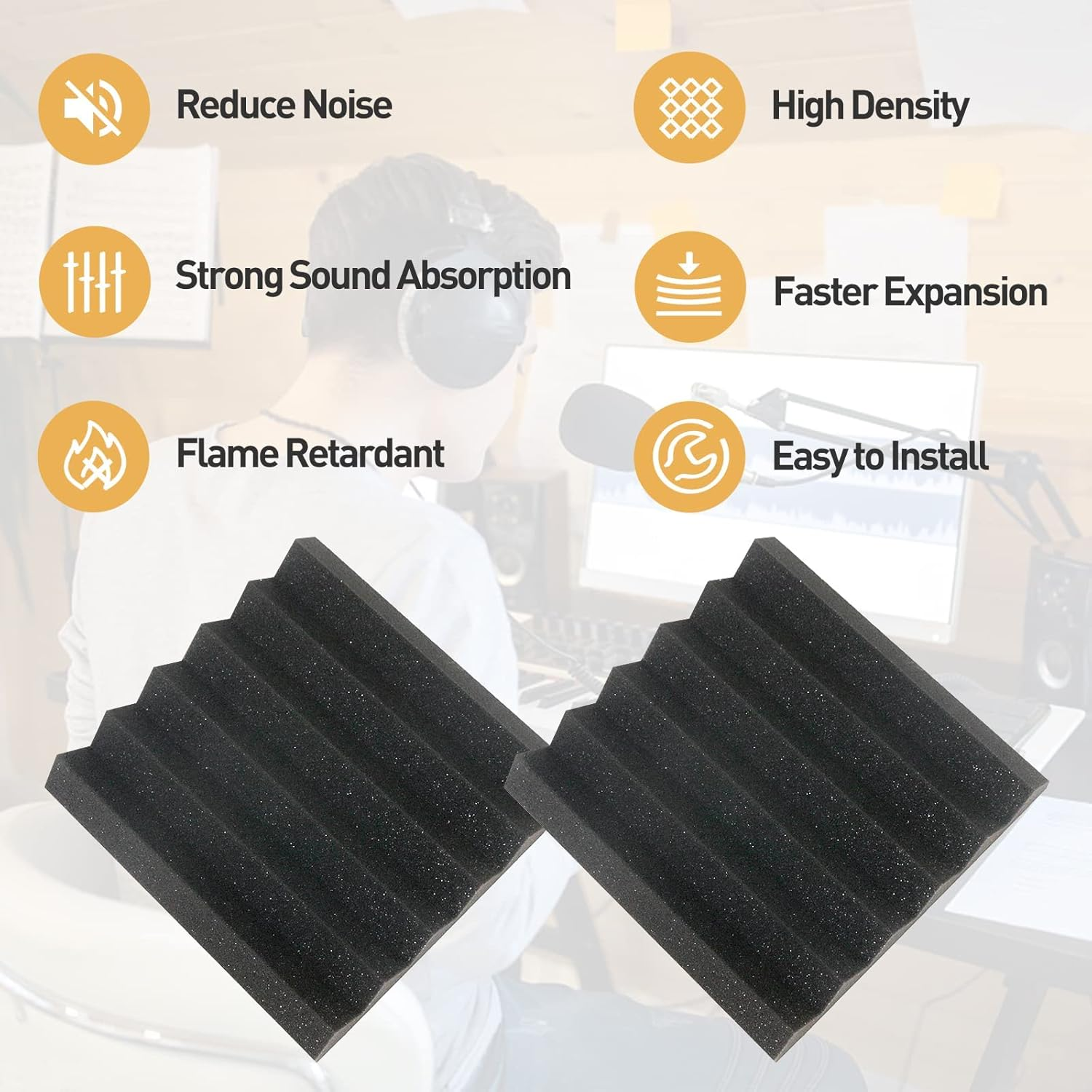 24 Pack Sound Proof Panels, Acoustic Foam Panels 12X12X2 Inches Black Acoustic Panels, High Density Soundproofing Panels, Fire-Retardant Sound Absorbing Foam for Studio Recording image number 5