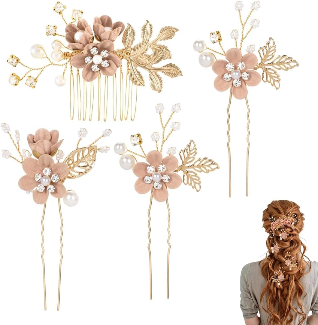 SGERUFZ Pack of 4 Wedding Hair Combs Rhinestone Hairpin Crystal Accessories Beads Headpiece Updo for Women Girls Party Prom Bridesmaids Flower Girl (Pink Flowers) image number 2