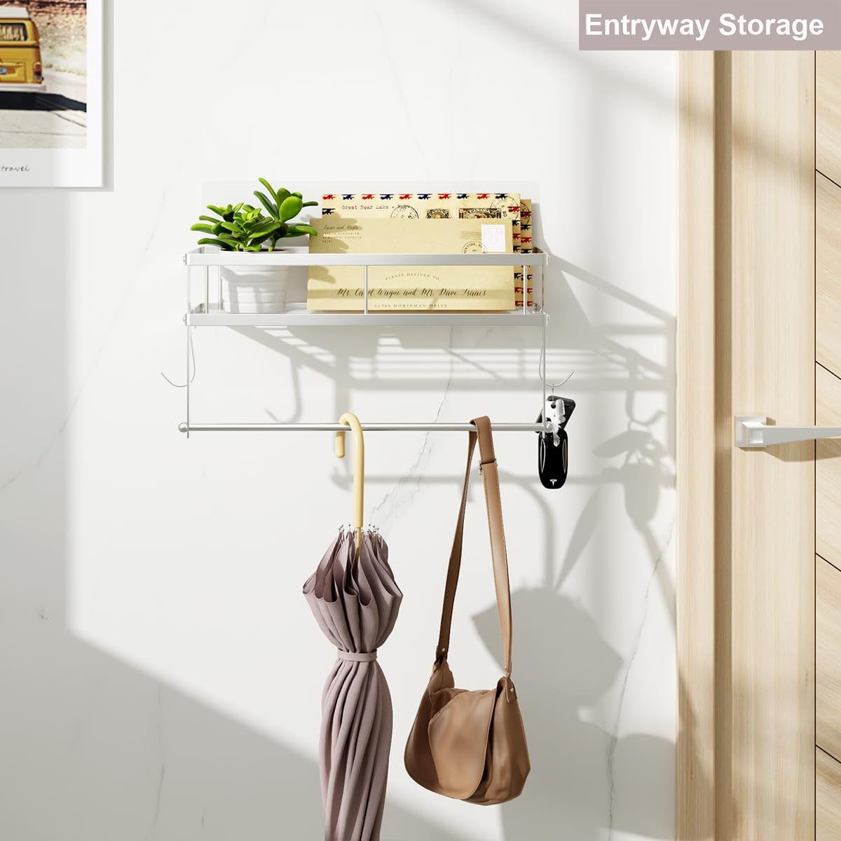 ESOW Paper Towel Holder with Shelf Storage, Adhesive Wall Mount 2-In-1 Basket Organizer for Kitchen & Bathroom, Durable Metal Wire Design, Stainless Steel 304 Brushed Nickel Finish - Brushed Nickel Finish image number 5