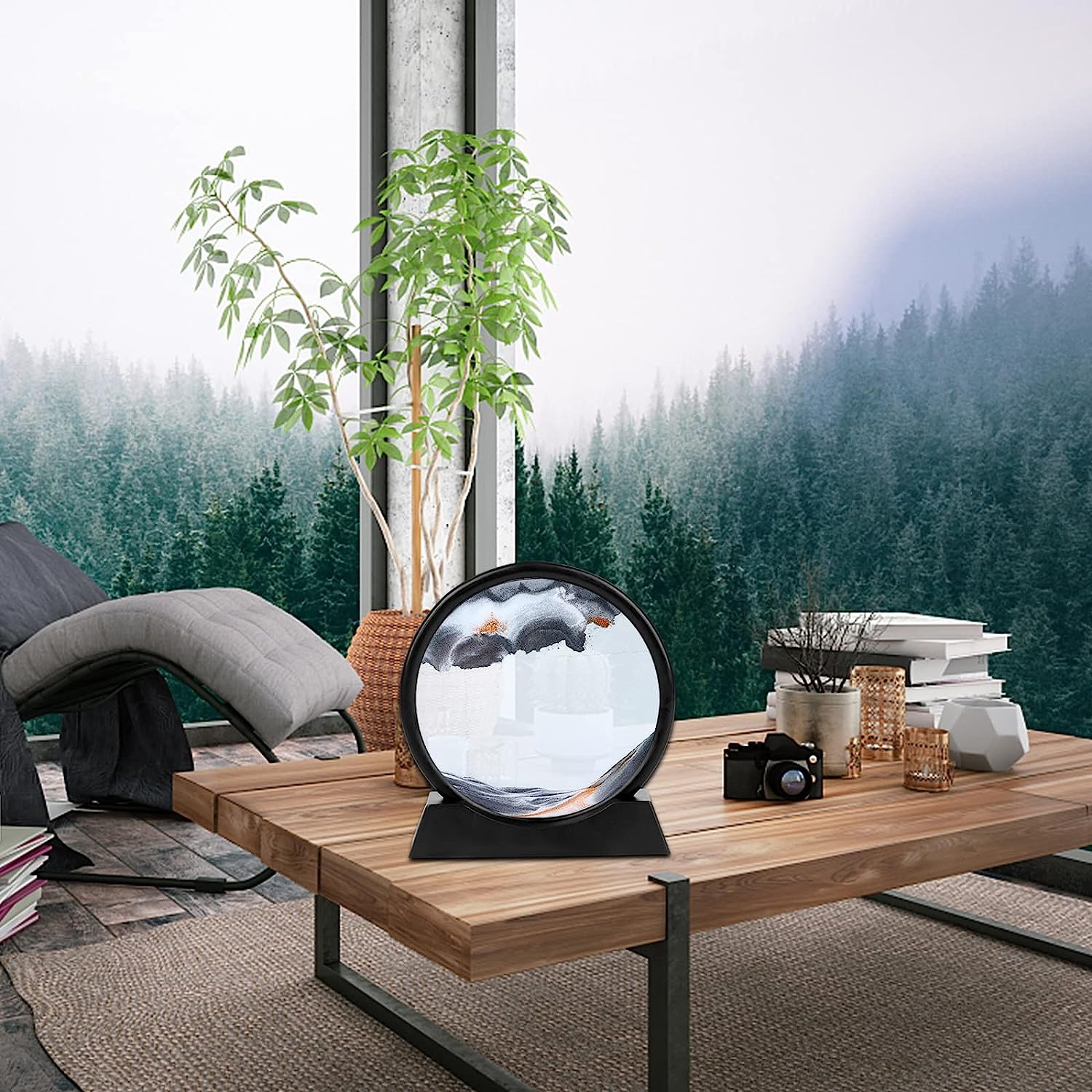 Flowing Sand 3D Natural Landscape Dynamic Art, round Glass Deep Sea Sandscape for Home Ornament, Desktop Art, Bookshelves Decoration (Black, 7 Inches) image number 2