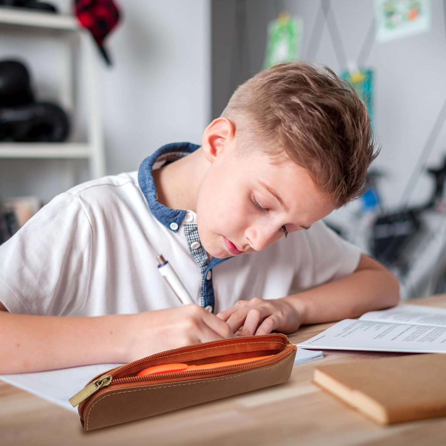 1 Pcs Pen Holder Pouch Stationery Bag Portable Organizer Compact Premium Faux Leather Storage for Business Adults - Brown image number 6