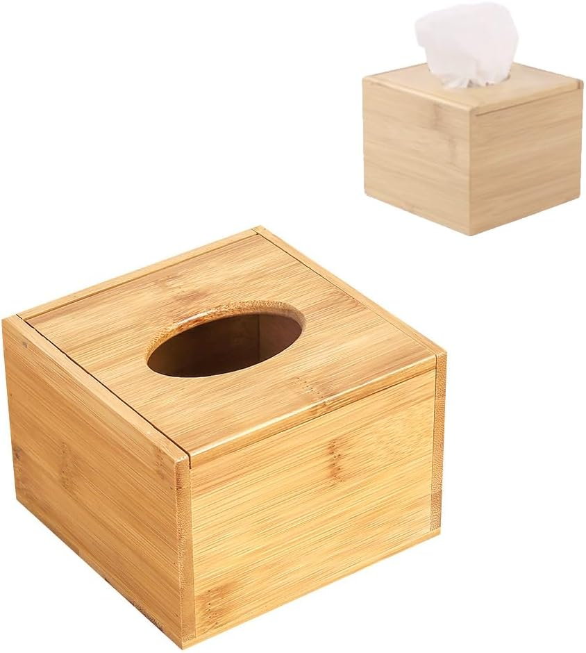Wooden Square Tissue Box Cover, Bathroom Organizer Basket, Eco-Friendly Bamboo Toilet Paper and Towel Holder, Brown Stylish Home Storage image number 6