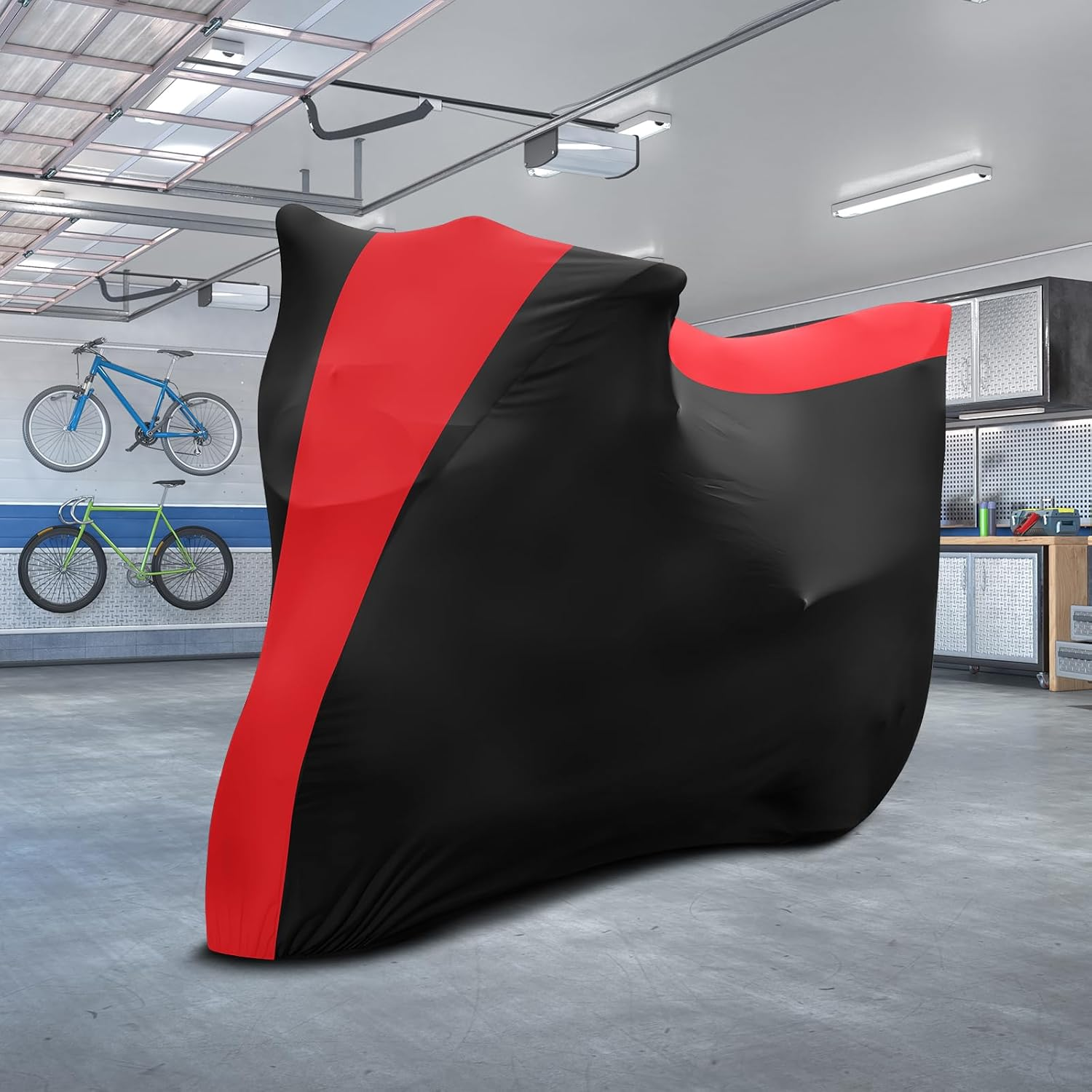 Indoor Motorcycle Cover, Soft Stretch Elastic Dustproof Protection Windproof Cover for Bike, Black and Red Stitching Motorcycle Cover for 96 X 41 X 49 In image number 6