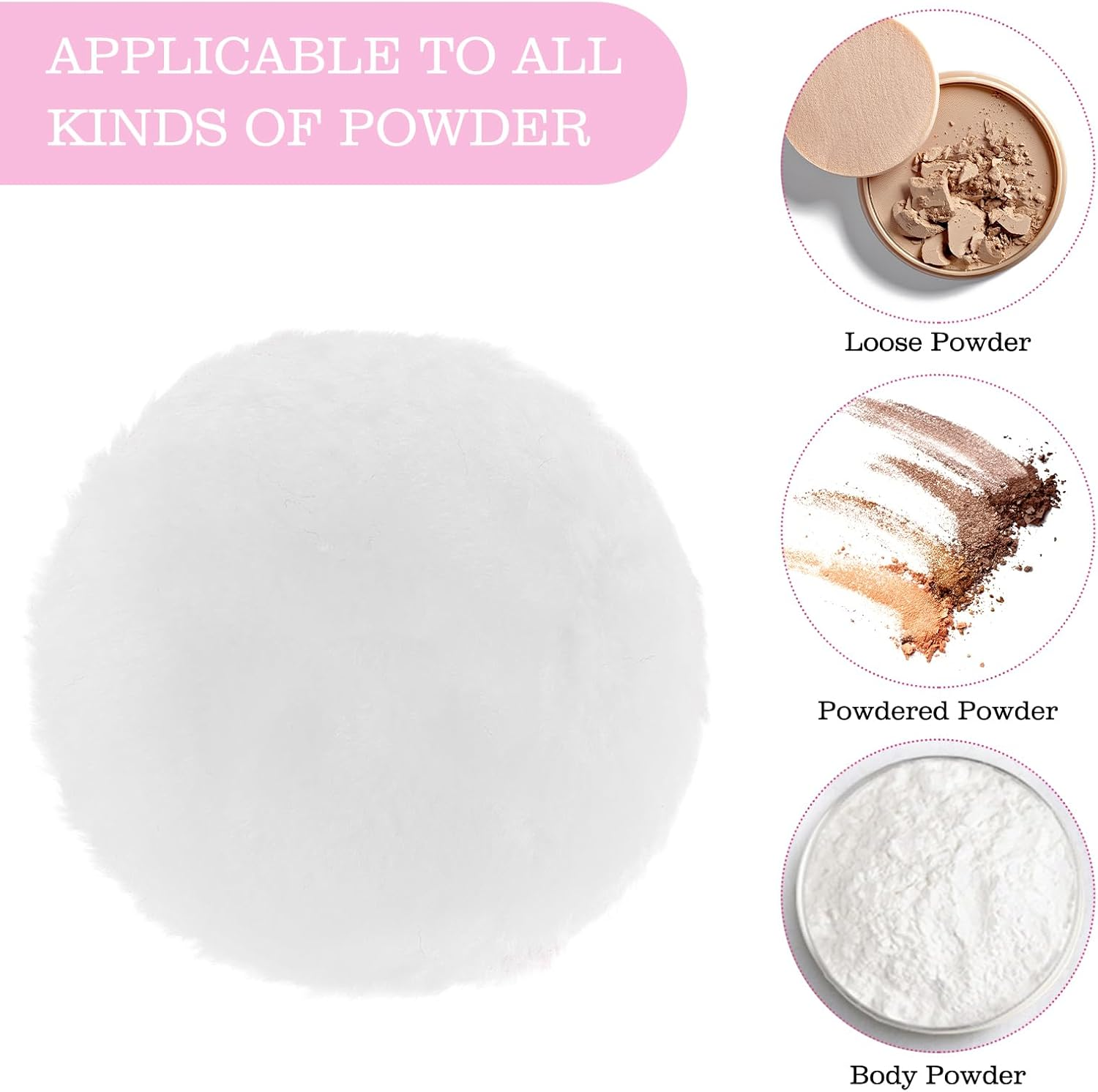 Sibba Large Fluffy Powder Puff - 4 Inch Ultra Soft Washable Reusable Velour Face Body Puff for Loose Powder - Wet Dry Makeup Tool (White) image number 4