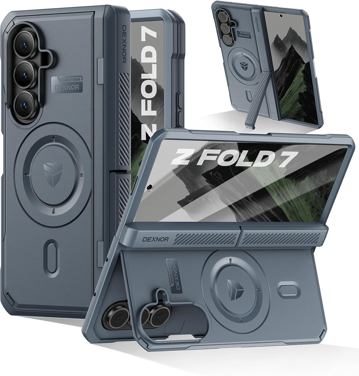 DEXNOR Magnetic for Samsung Galaxy Z Fold 7 Case with & Dual Kickstands & Front Screen Protector & Hinge Protection, Compatible with Magsafe, Full-Body Rugged Bumper Cases - Black