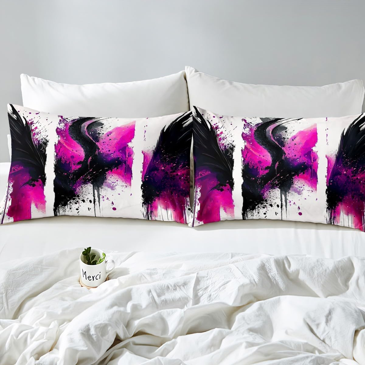 Jejeloiu Black, White and Rose Red Abstract Art Kids Bed Sheets Set,Boys Girls Twin Size,Splash Ink Pattern Fitted Sheet,Abstract Luxury Microfiber Bedding Set,Modern Art Bedding Collection image number 1