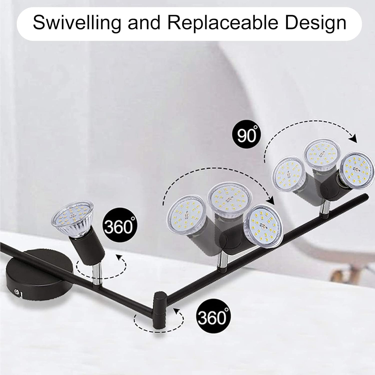 6 Way Ceiling Spotlight GU10 Base Socket, Track Lighting Kit Rotatable Lamp Head, Can Be Tilted 90&deg;, Adjustable Lighting Angle, for Showrooms, Exhibition Halls, Museums, Cafes, image number 2