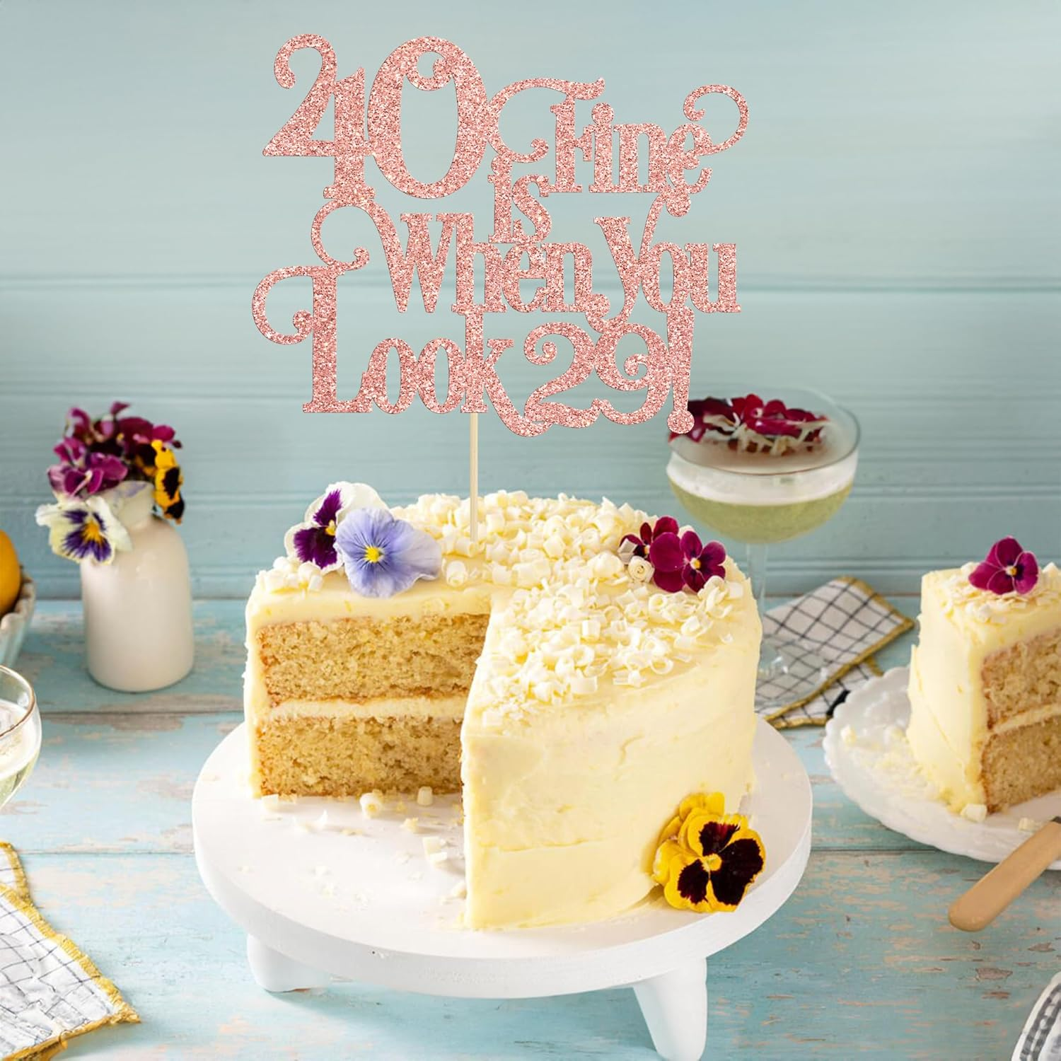 Ephlyn 1Pc 40 Is Fine When You Look 29 Cake Topper Glitter Funny 40Th Birthday 40 and Fabulous Cake Topper Decorations for Happy 40Th Birthday Party Decoration Supplies Rose Gold - Blue image number 5