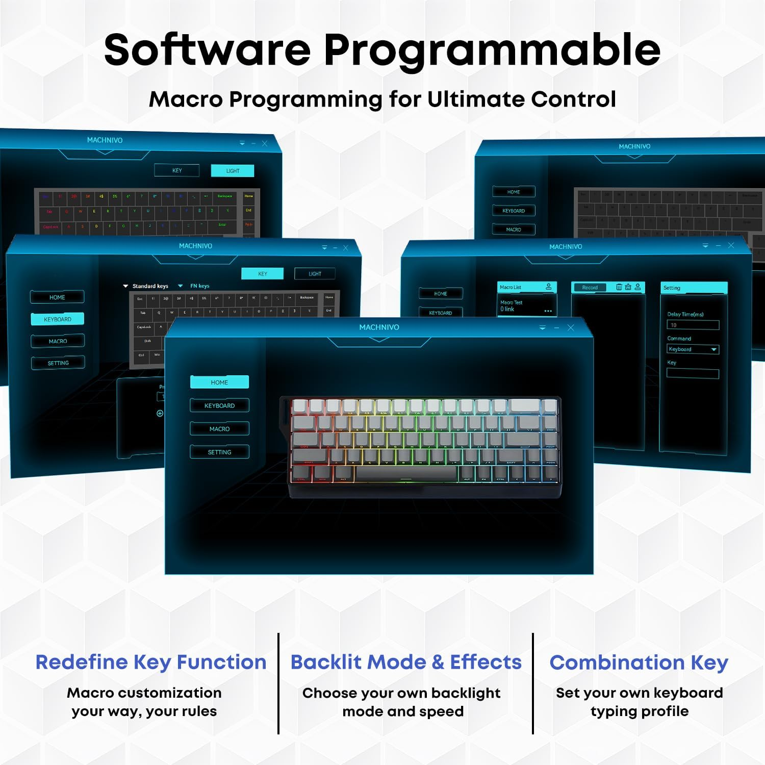 60% Wireless Mechanical Keyboard, MACHNIVO K15 68 Keys PC Gaming Keyboard, 2.4Ghz/Bluetooth/Usb-C, RGB Hot Swappable Side Printed Keyboard Compatible with Windows/Mac (Linear Ivory Switch, Black) image number 5