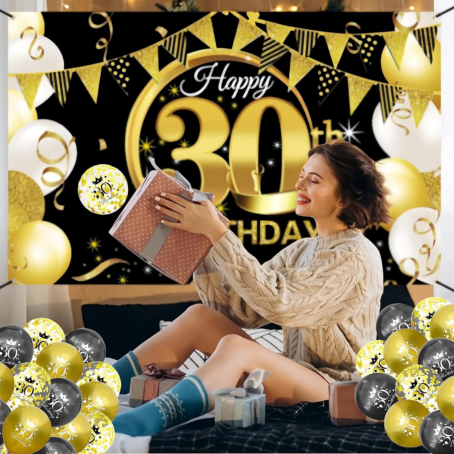 Happy Birthday Party Decorations Kit - Black Gold Glittery Backdrop Banner, Balloon, Hanging Swirls for Men Women (30Th) image number 6