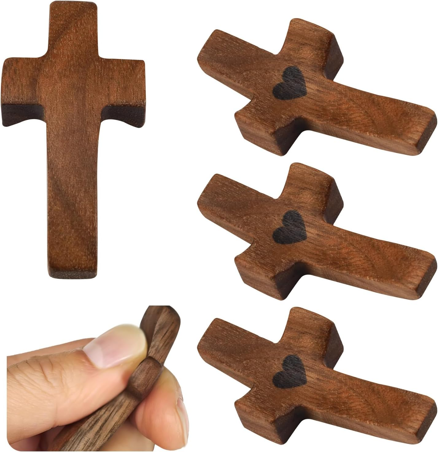 5 Pack Cross My Heart, Walnut Wooden Pocket Cross, 2" Small Carrying Prayer Cross for Hand Holding, Wood Comfort Palm Cross Religious Encouragement Present for Praying Clutching Clinging (5Pcs) image number 6