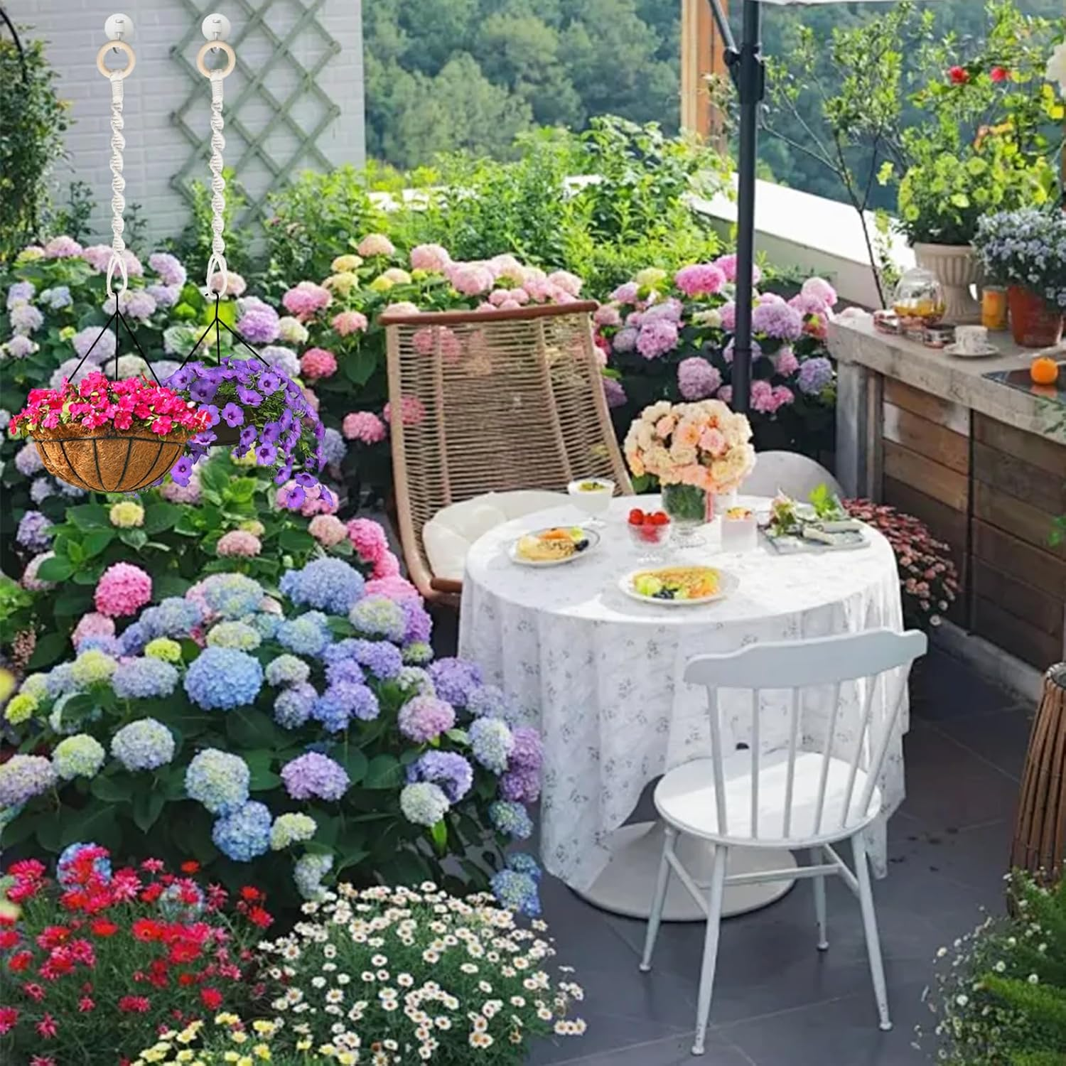 3 Pack Adjustable Macrame Plant Hanger Extenders Connectable Rope Hanging Plant Extender Handmade Woven Hanging Basket Extension with Wooden Ring for Indoor Outdoor Plant Pot Holder (Style 1, 3)