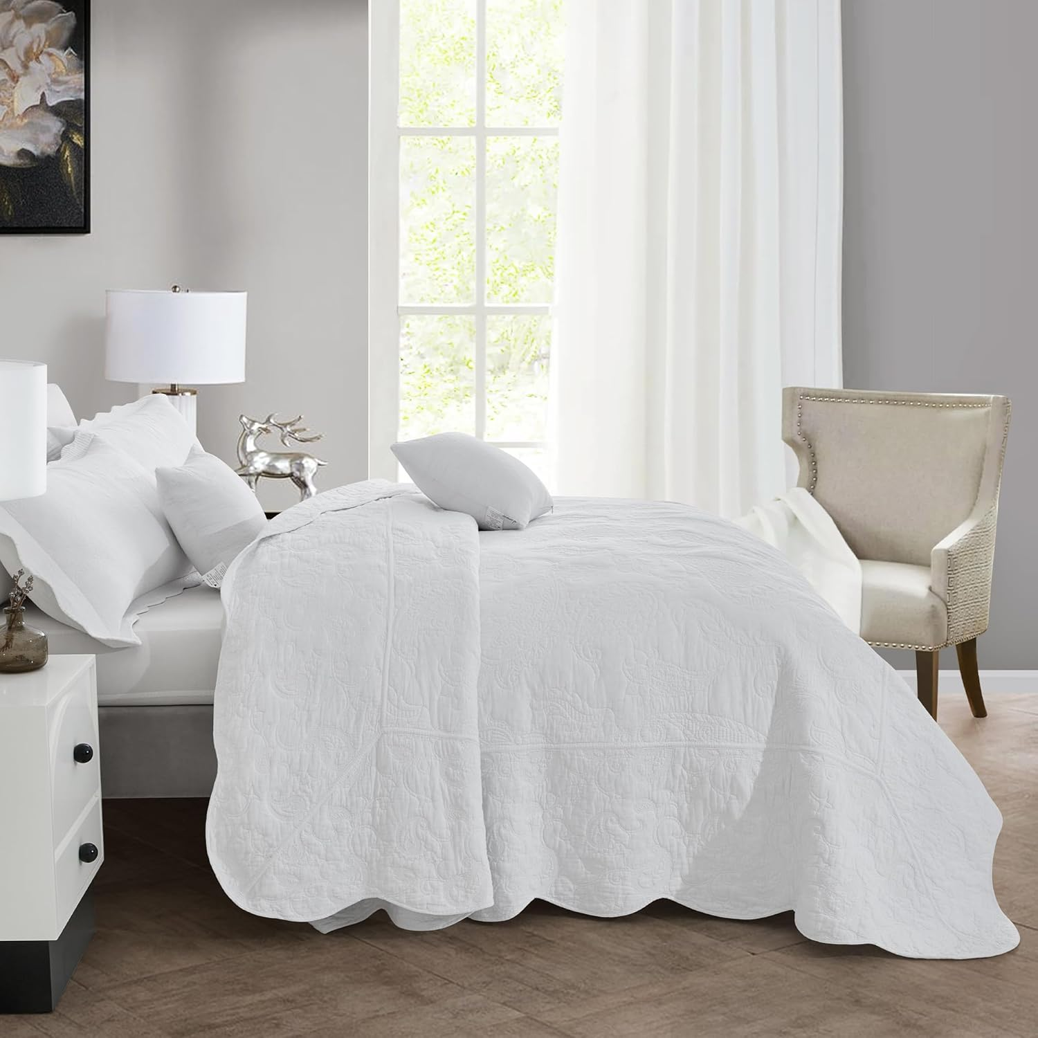 Blythease Oversized Queen Bedspread Cotton, Reversible Paisley Pattern Design, Lightweight Bedding Cover, 4 Piece Set - Queen, Pure White image number 5