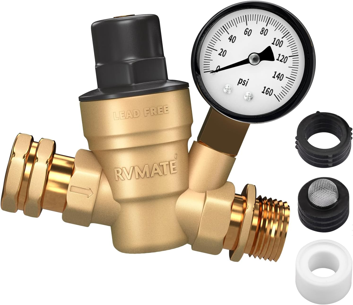 RVMATE RV Water Pressure Regulator, Brass Lead-Free Water Pressure Reducer Kit, Adjustable Valve with Inlet Screen Filter, for Camper Travel Trailer image number 1