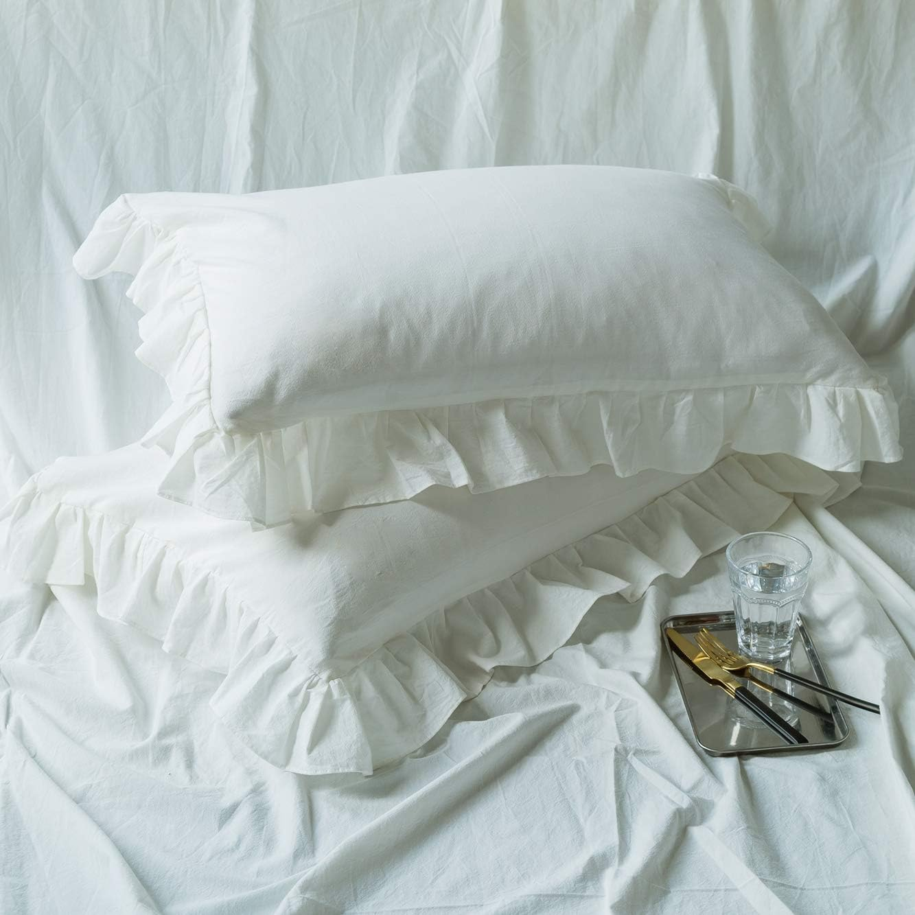 SUSYBAO Vintage Ruffled Duvet Cover King 100% Washed Cotton Cute Lace Duvet Cover 3 Pcs Set 1 Farmhouse Shabby Chic Duvet Cover with Zipper Ties 2 Pillow Shams Soft White Ruffle Bedding Set Comfy image number 2