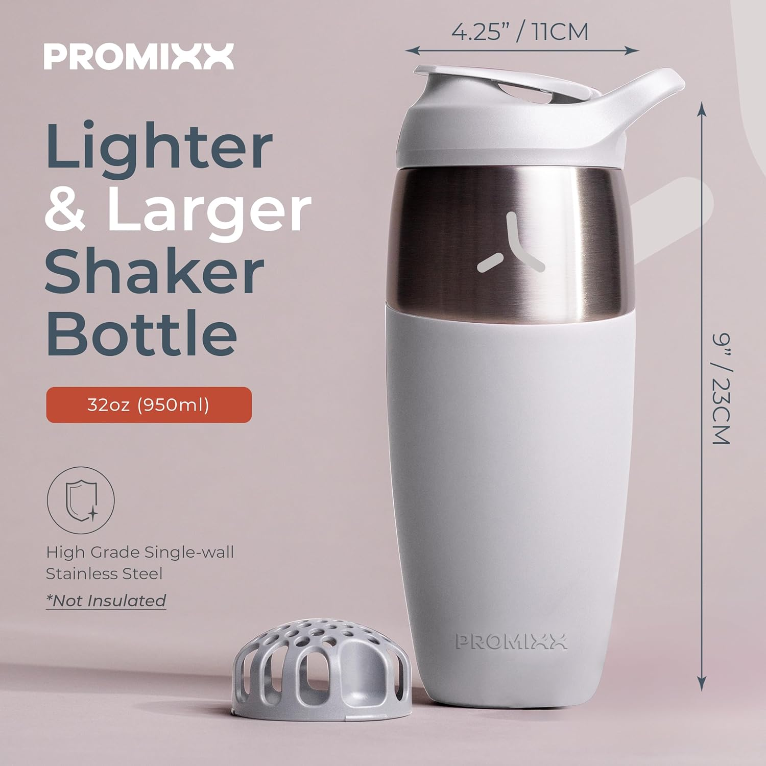 Promixx Pursuit 950Ml Shaker Bottle - Single Wall Stainless Steel Protein Shaker Bottle, Super Smooth Shakes, 32Oz, Ceramic White image number 5