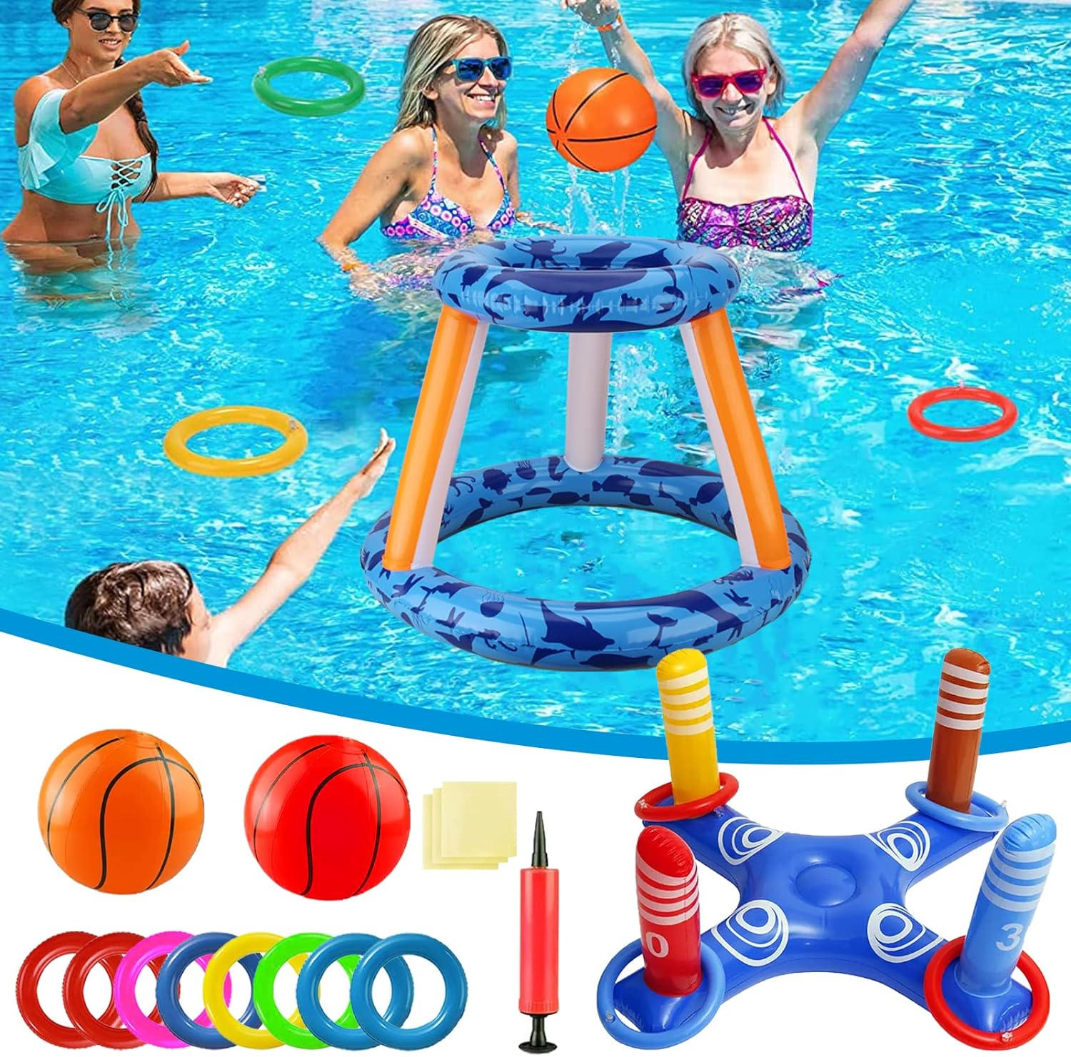 Pool Toys Games Set, Inflatable Pool Basketball Hoop & Ring Toss Game, Summer Water Games Pool Toys for Swimming Pool Party, Fun Swimming Water Sport for Kid, Teens, Adults and Family image number 4
