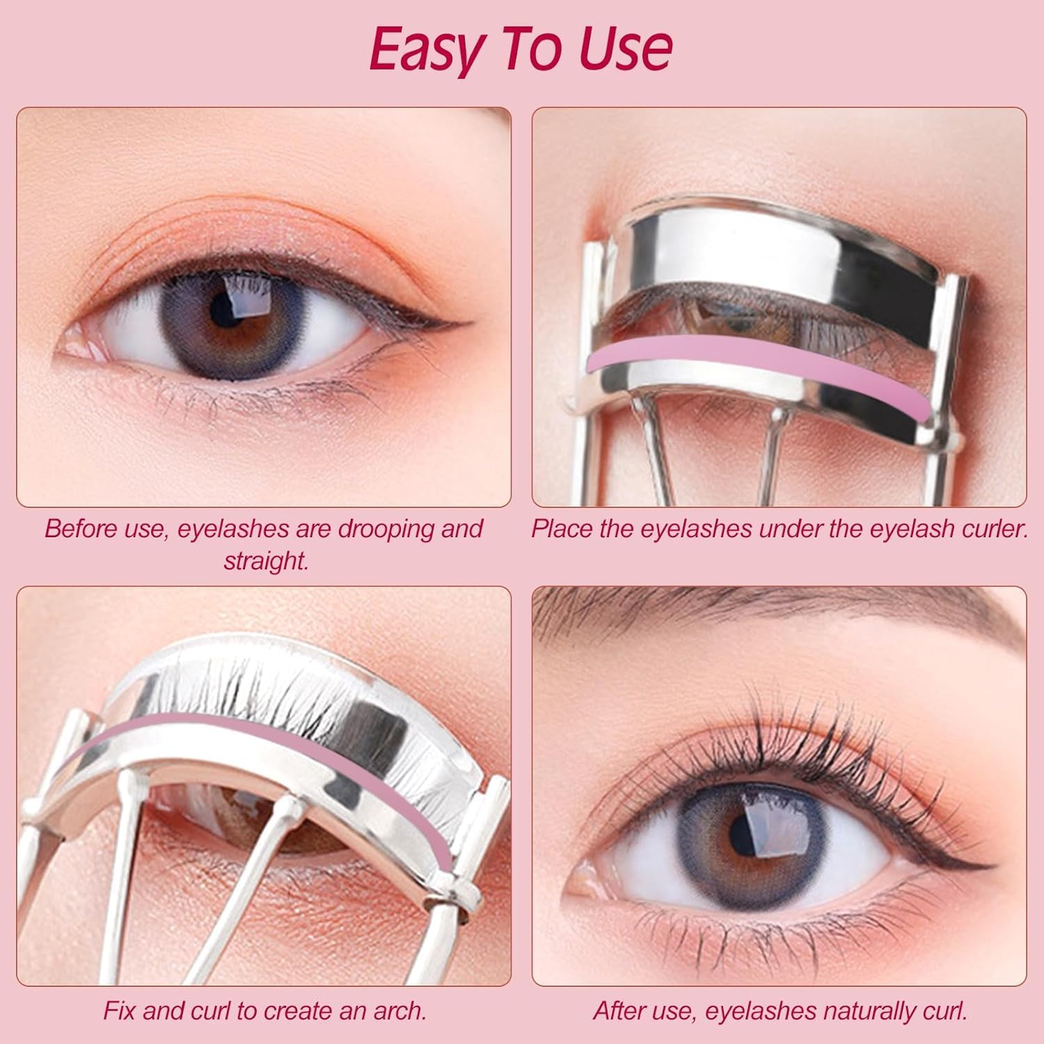 Pink Stainless Steel Eyelash Curler for Lasting Styling, with 4 Silicone Refill Pads, Pain-Free, Suitable for All Eye Shapes image number 2