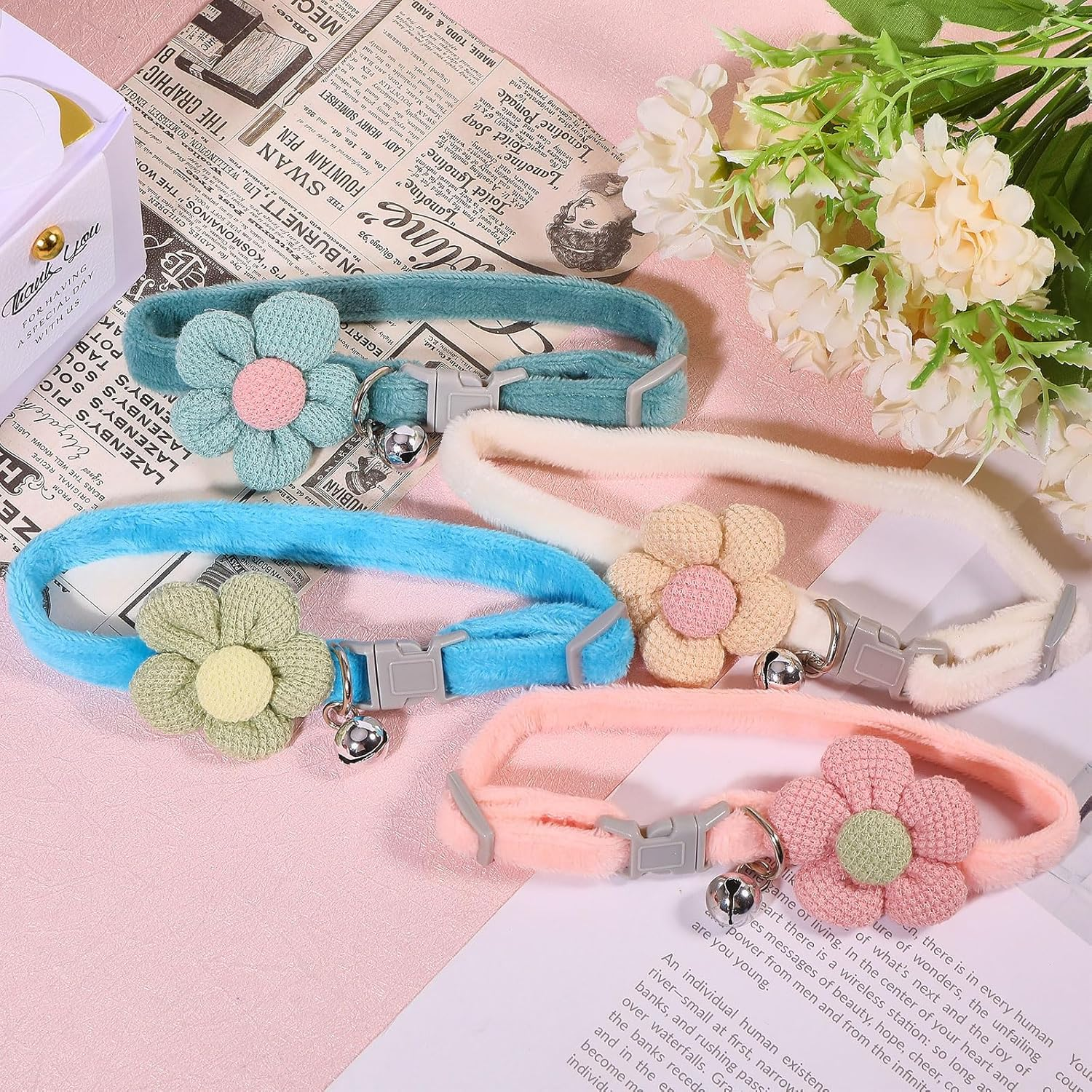 GLOBLELAND 4 Pieces 4 Styles Knitted Cat Collars with Bells Cute Kitten Flower Collars Pet Necklace Accessories with Safety Clasp Adjustable Safety Collar image number 5
