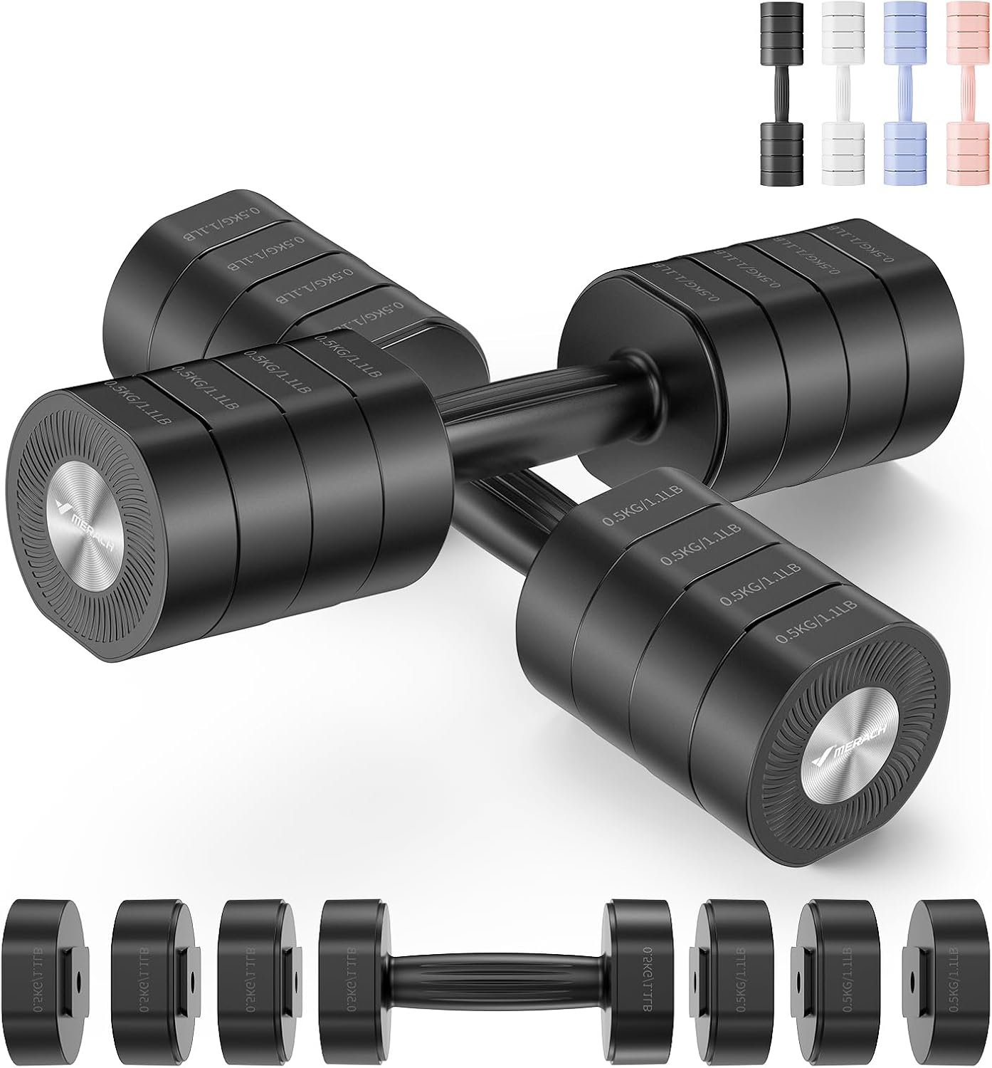 MERACH Adjustable Dumbbell Set Weights of 2, Soft-Touch Grip Anti-Slip Handle Dumbbells, Macaron Colors Exercise&Fitness Dumbbells,Each 1/2/3/4 Kg, 4 in 1 Hand Weights Dumbbells Set for Women