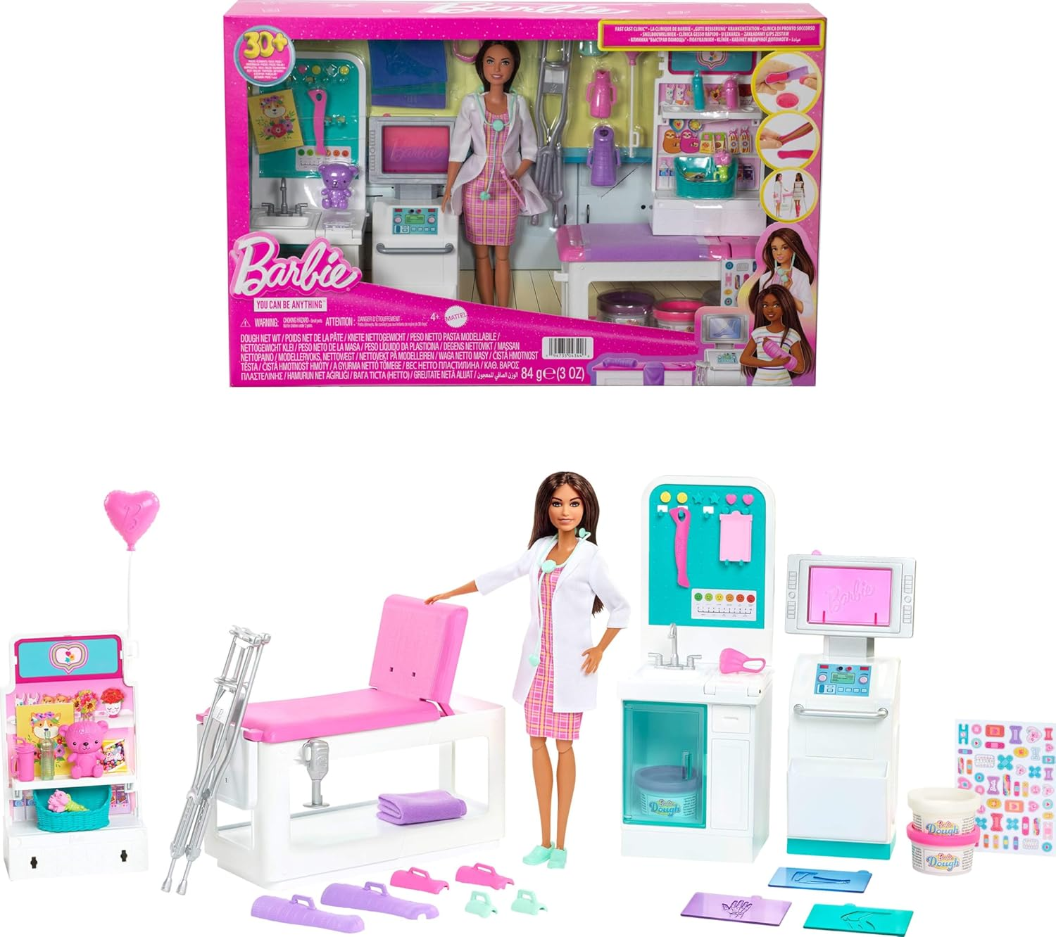 Barbie Fast Cast Clinic Playset, Brunette Barbie Doctor Doll (12-In/30.40-Cm), 30+ Play Pieces, 4 Play Areas, Cast & Bandage Making, Medical & X-Ray Stations, Great Toy Gift for 3 Years Old & Up image number 1