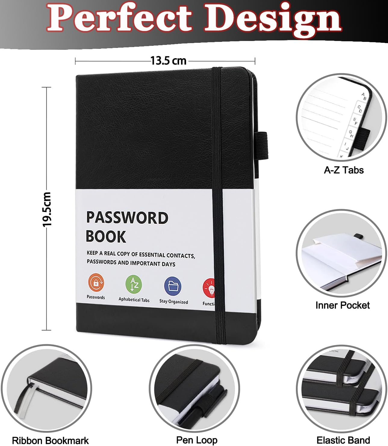 B6 Password Book with Alphabetical Tabs, Hardcover Password Keeper Internet Address Organizer Logbook for Computer and and Internet Address Website Login, Black image number 4