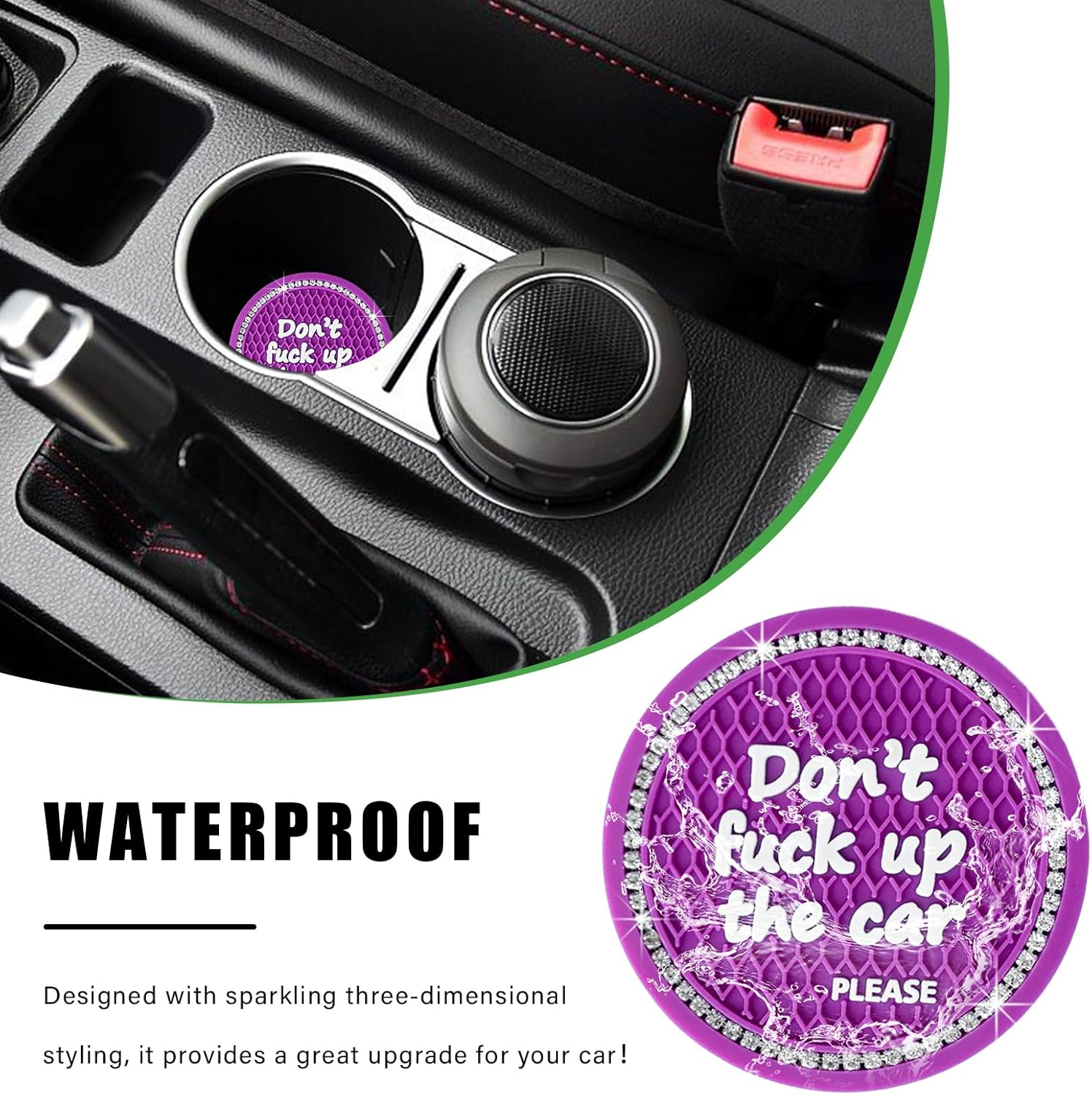 Ziciner 4 Pack Bling Car Cup Holder Coaster, 2.75 Inch Anti-Slip Auto Insert Cup Coaster, Crystal Car Drink Cup Mat Perfect for Women Girls, Universal Interior Decor Accessories (Purple) - Black, 4 Pcs image number 6