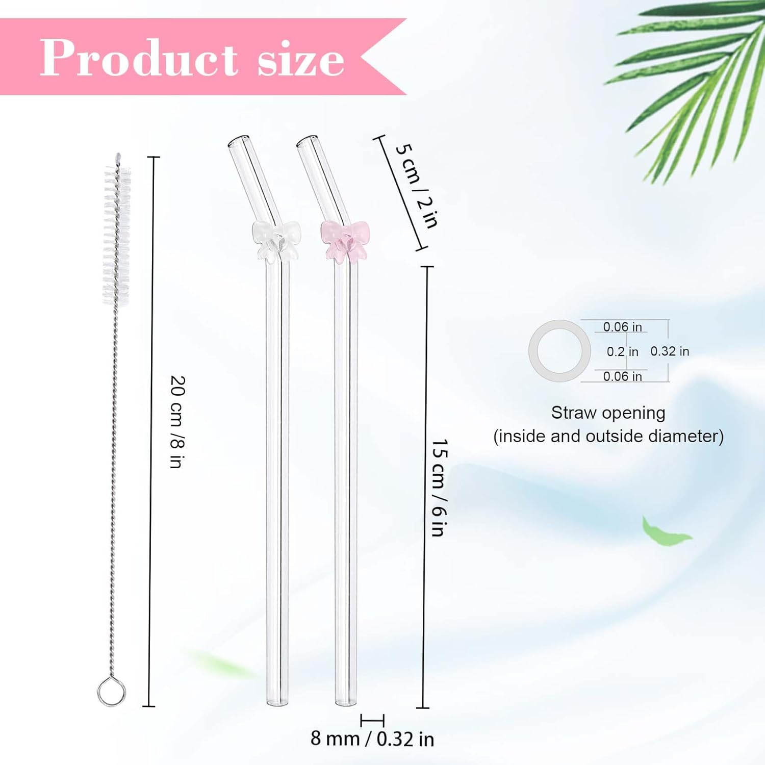 DUMING-IN 6 Pcs Reusable Glass Straws with 2 Cleaning Brushes, Cute Colorful Bow Glass Straws Shatter Resistant, Reusable Straw Dishwasher Safe for Juices, Smoothies, Milkshakes, Teas