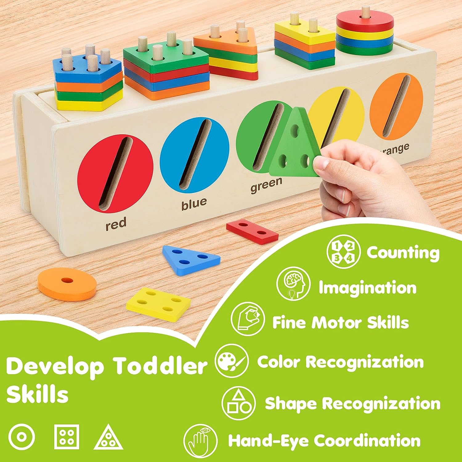 V-Opitos Montessori Toys for Toddler 1+ Year Old, Wooden Color & Shape Sorting Matching Box, Early Learning Toys for 12-18 Month, Age 1, 2, 3, Ideal Christmas, Birthday Gifts for Boy & Girl image number 4