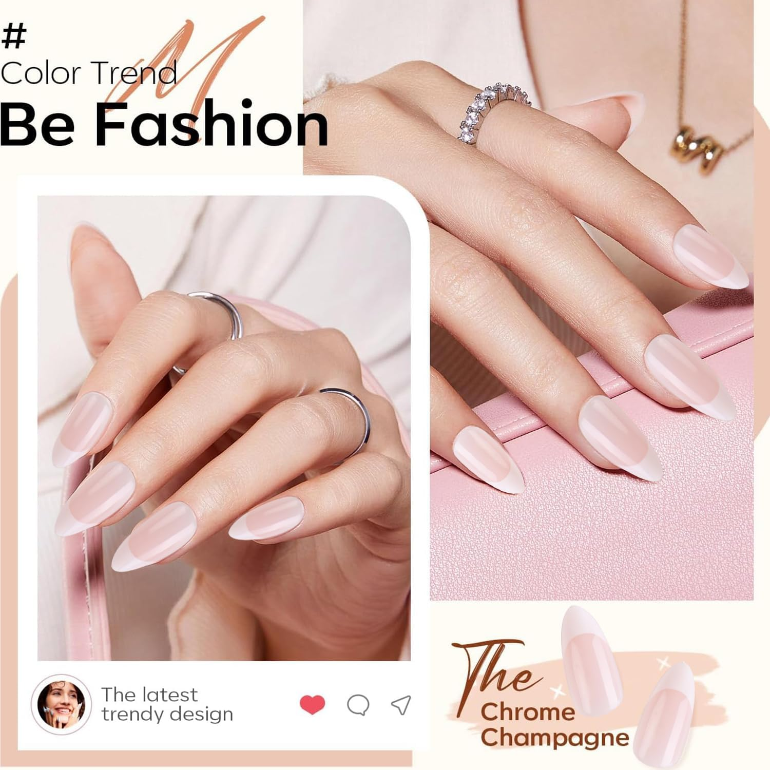 24 Pieces Long Almond French Press on Nails Kit, White Tips, Full Coverage Artificial Nails (French - Almond) image number 5