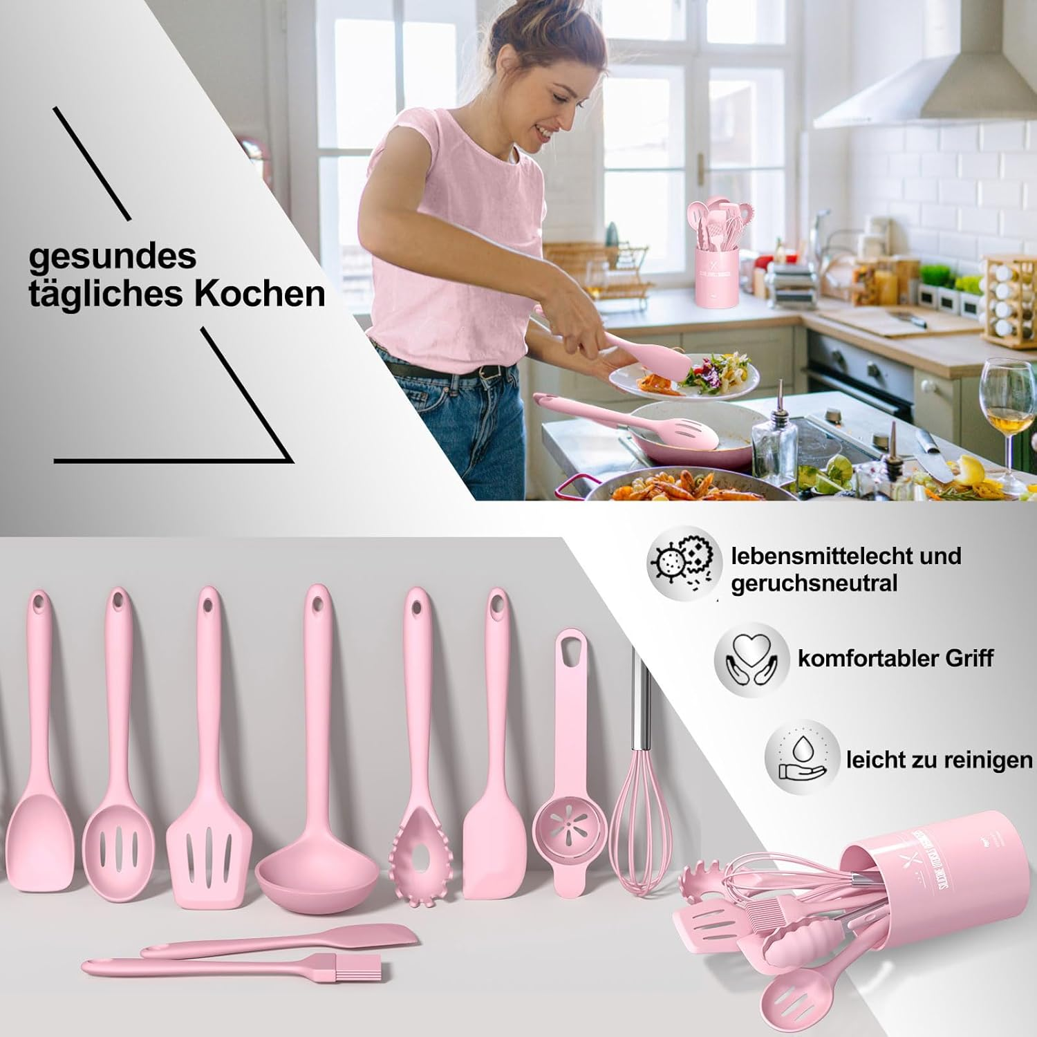 Terlulu Silicone Cooking Utensils, 12-Piece Set, Pink, Non-Stick, Dishwasher Safe image number 2