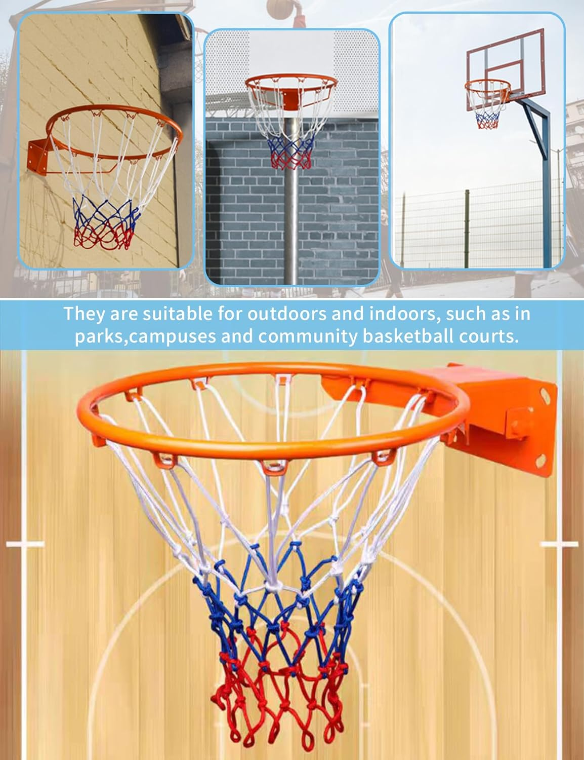 2 PCS Professional Polyester Braided Multicolor Basketball Net Replacement - Standard Size for Indoor and Outdoor, Heavy Duty 12 Ring Mesh