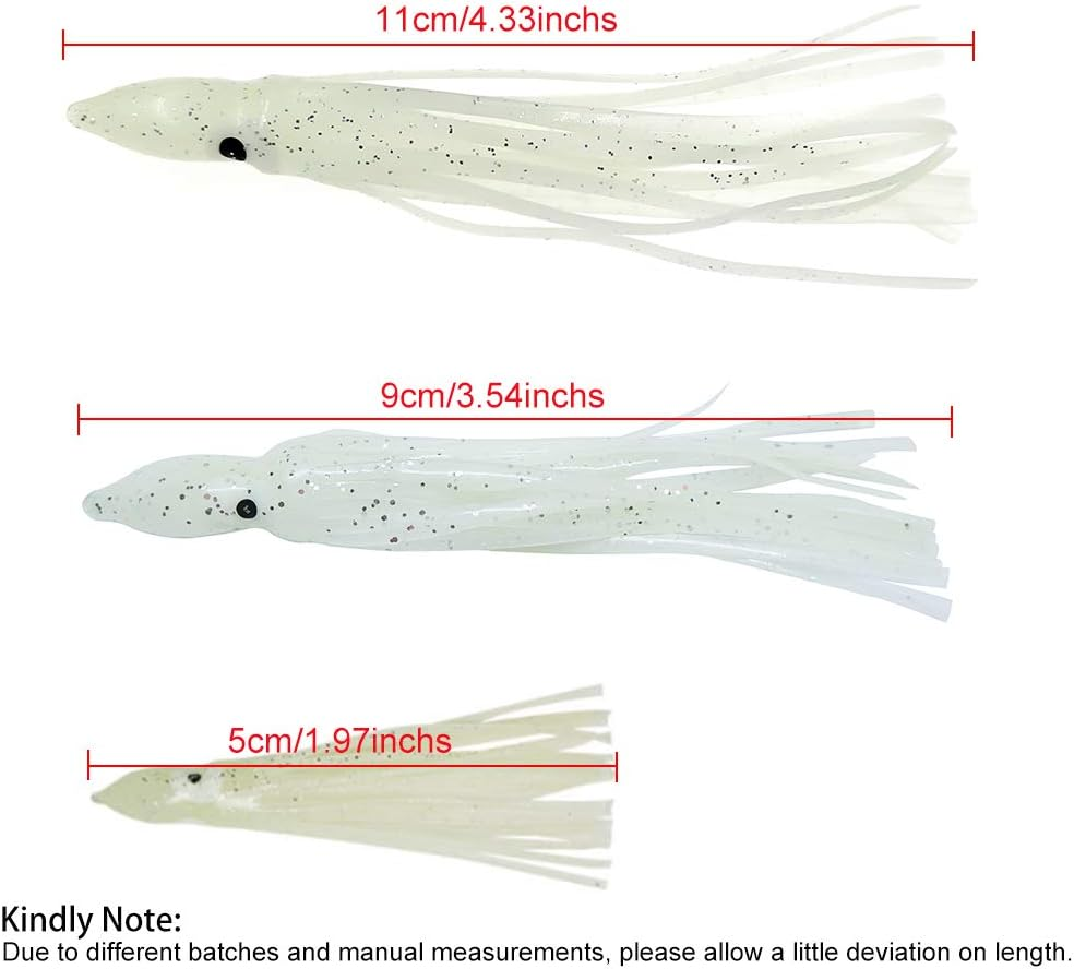 Fishing Squid Skirts Glow Lures Luminous Octopus Skirtstrolling Lure Soft Plastic Fishing Bait for Bass Salmon Trout 5Cm/1.96In,9Cm/3.54In,11Cm/4.33In Pack of 20