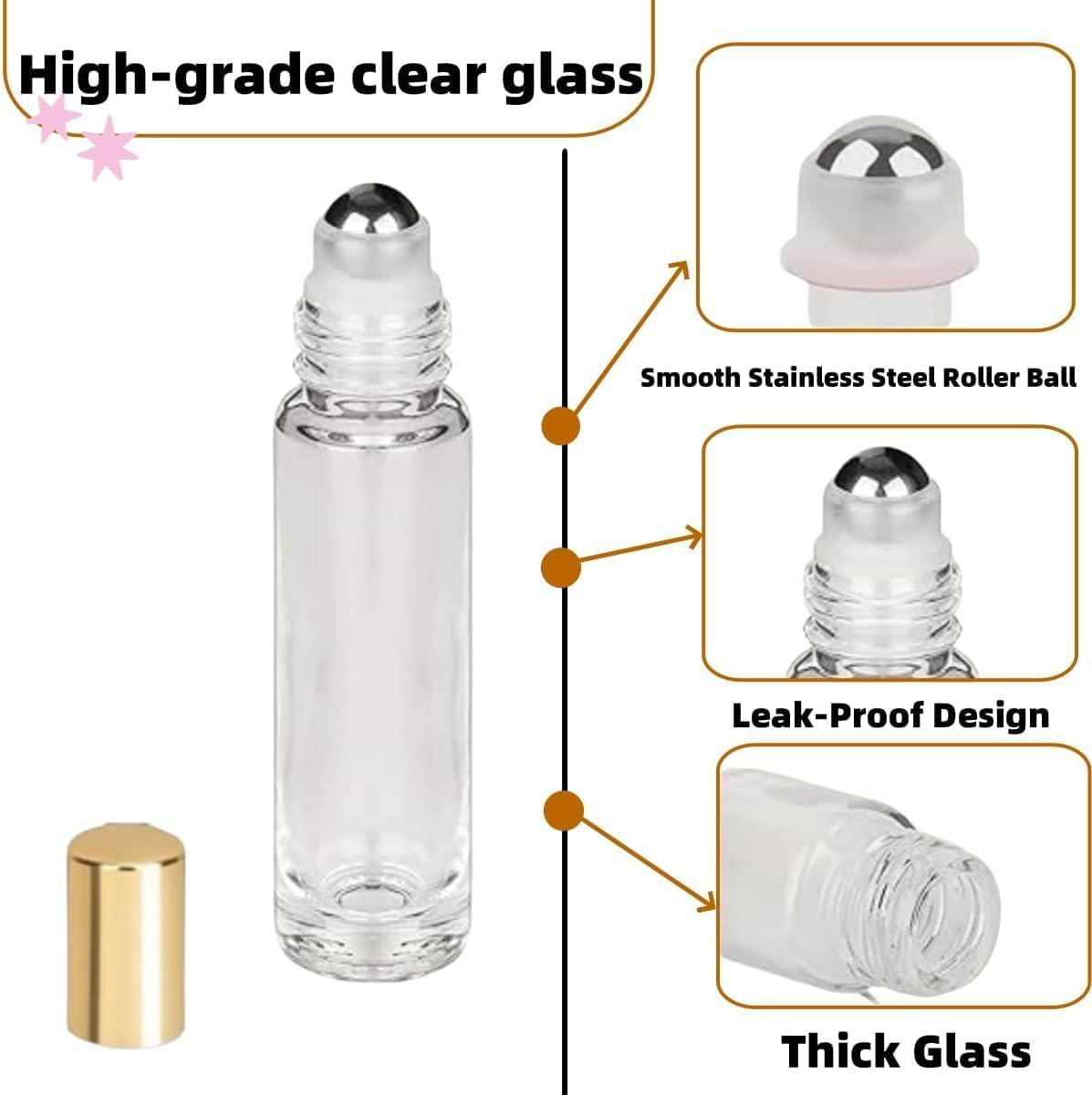 Kastetards 12PCS Clear Glass Roller Bottles with Stainless Steel Roller Balls,10Ml Empty Refillable Roll-On Bottles with Lids,Essential Oils, Perfume Bottles (With 1 Bottle Opener and 2 Droppers)